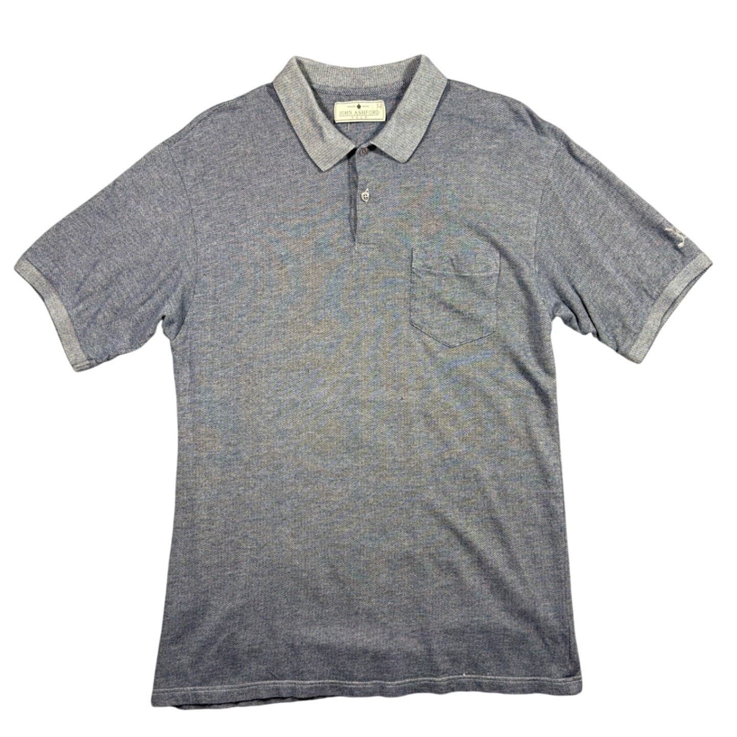 John Ashford Golf Polo Mens L Blue Herringbone Knit Pocket Short Sleeve