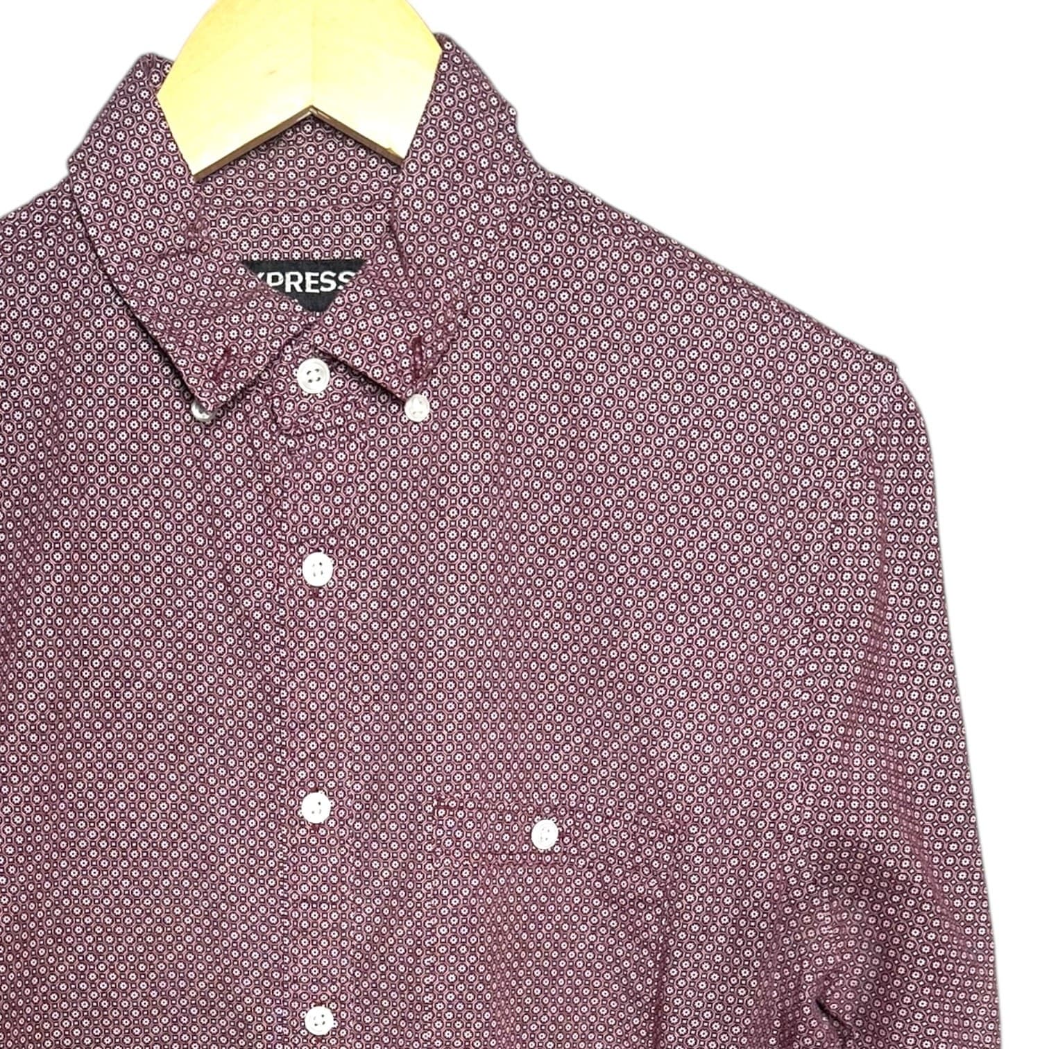 Express Men's Size Small Maroon Geometric Pattern Long Sleeve Button-Up Shirt