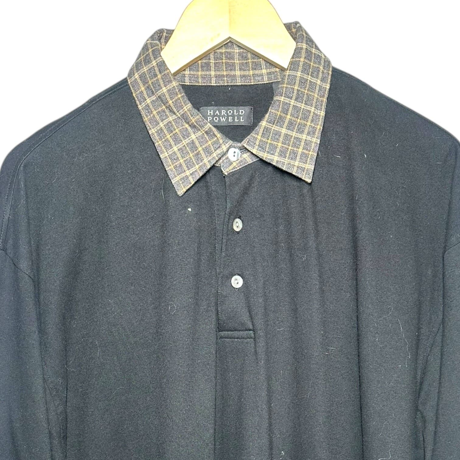 Harold Powell Men's Size XL Black Long Sleeve Polo Shirt Plaid Collar