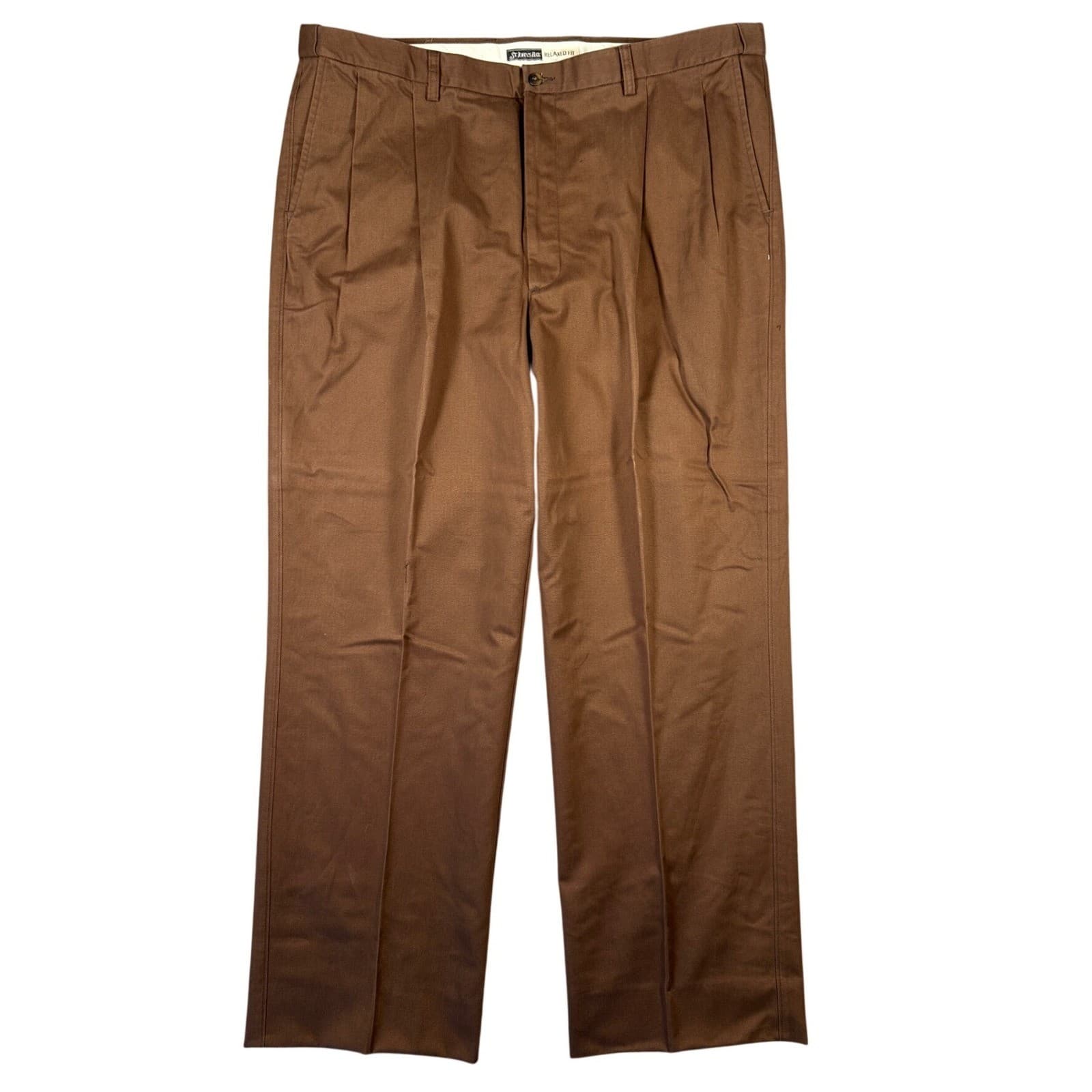 St Johns Bay Pleated Chino Pants Mens 44 Brown Excellent Relaxed Fit 43x32