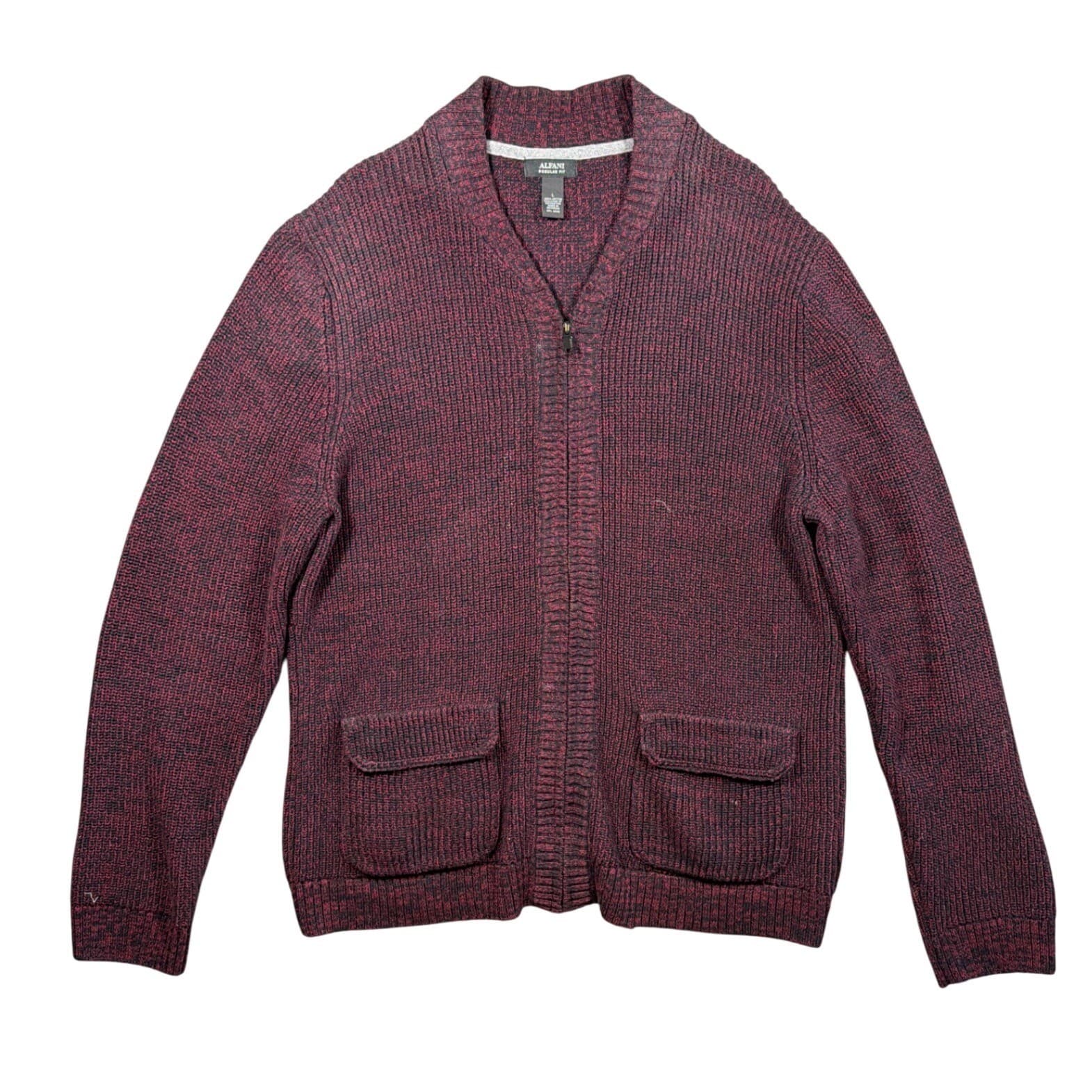 Alfani Full Zip Cardigan Sweater Mens Large Burgundy Ribbed Knit 100% Cotton