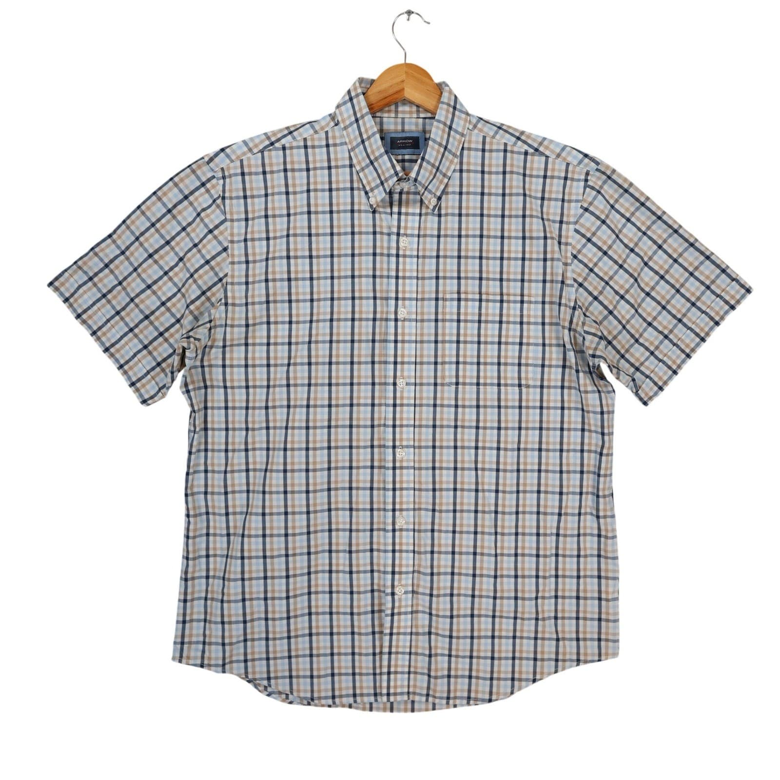 Arrow Button Down Shirt Mens Large Blue Tan Plaid Cotton Blend Regular Fit