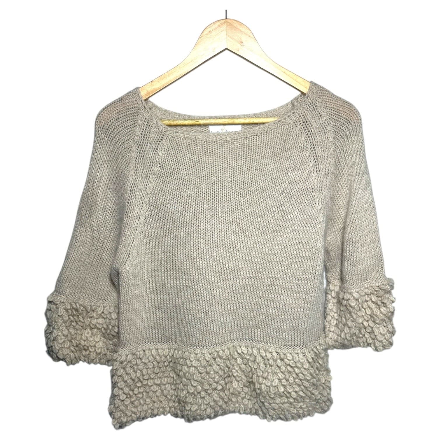 Belle France Womens Beige Knit Sweater 3/4 Sleeve Textured Trim Made in Italy M