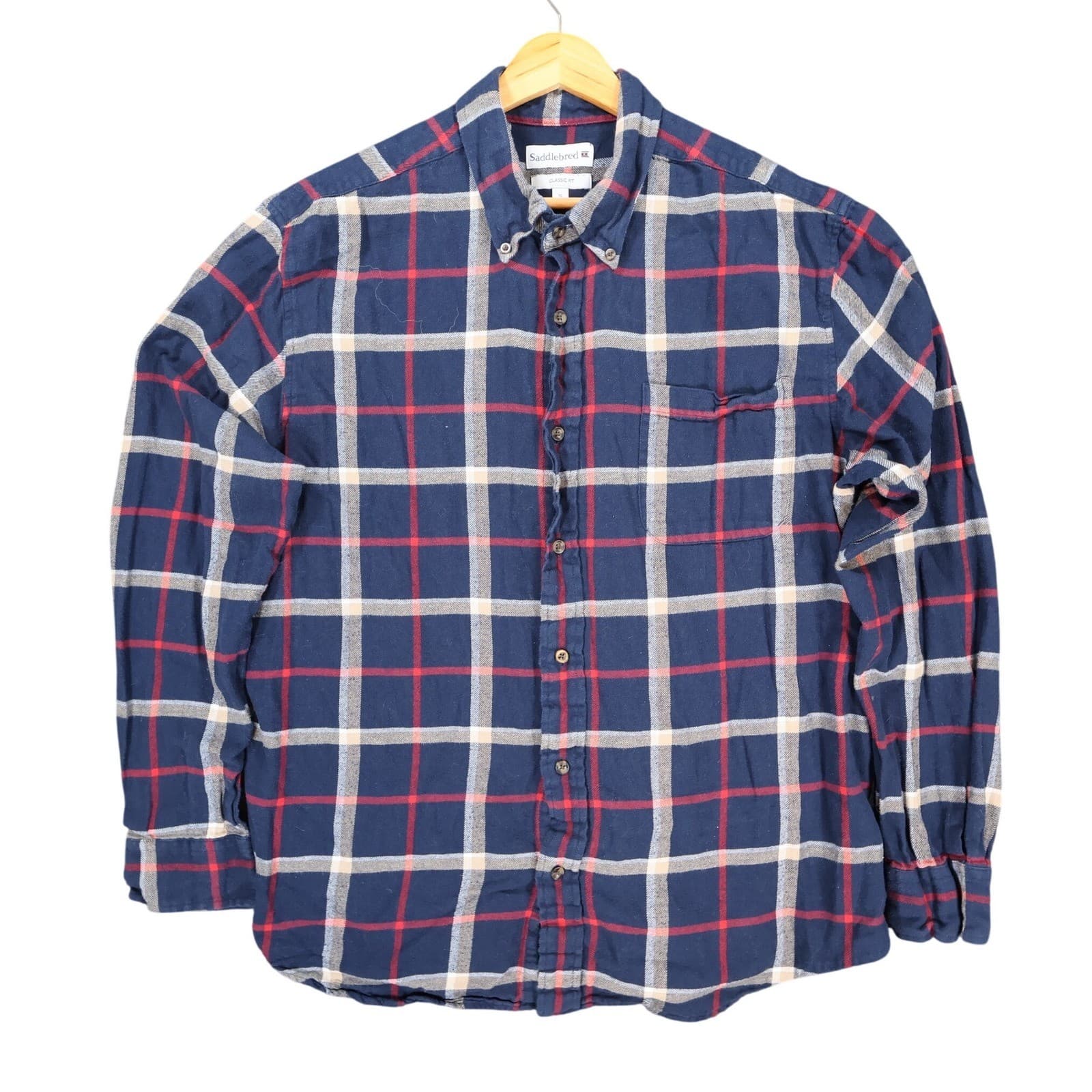 Saddlebred Flannel Shirt Mens XL Navy Blue Red White Cotton Classic Fit Plaid