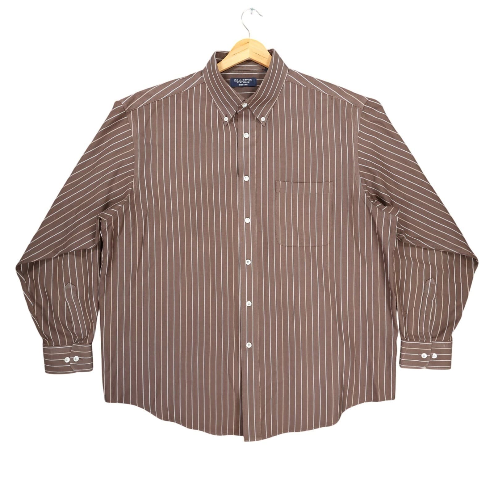 Roundtree & Yorke Button Front Shirt Mens XL Brown Cotton Blend Striped