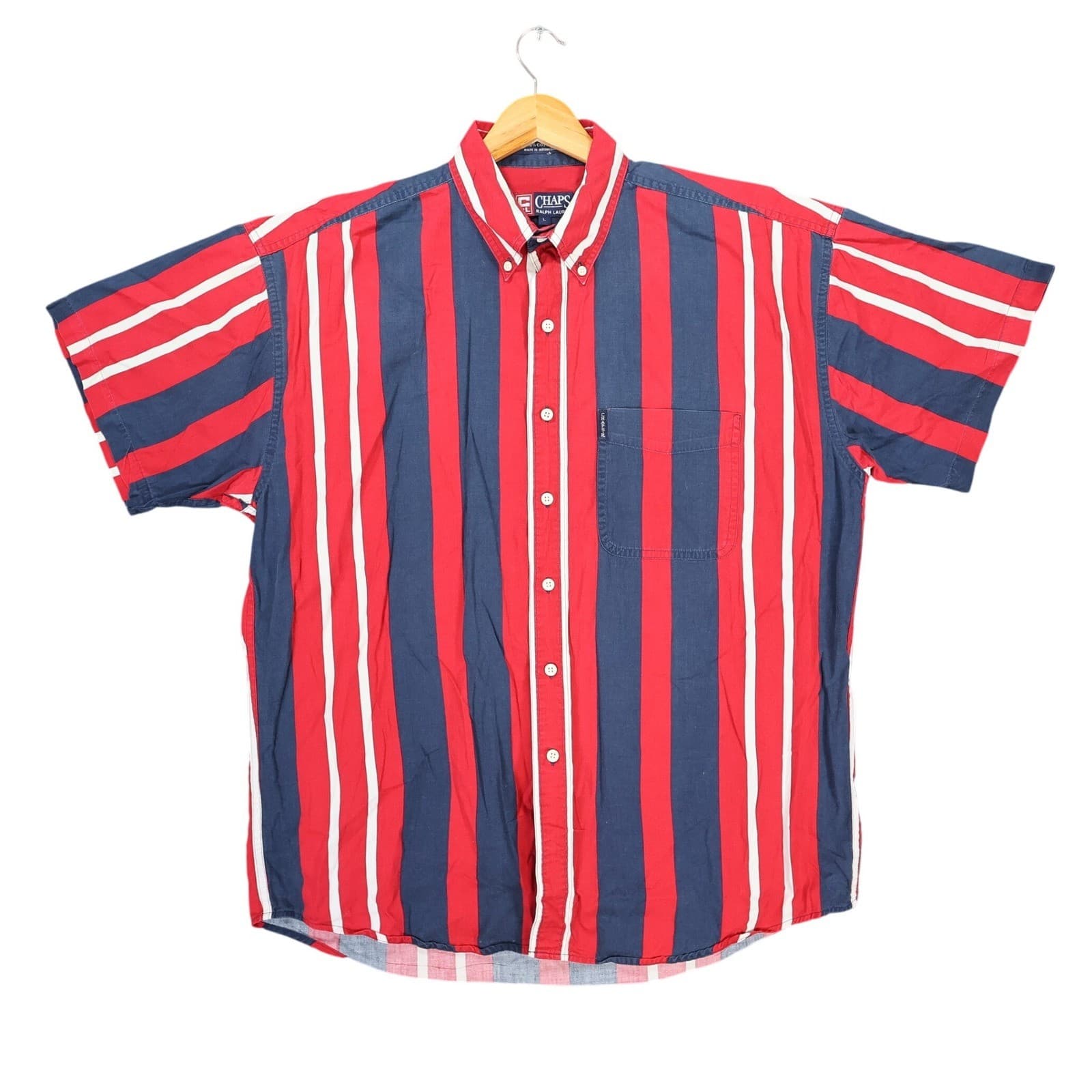 Chaps Ralph Lauren Button Down Shirt Mens Large Red Blue Cotton Short Slv