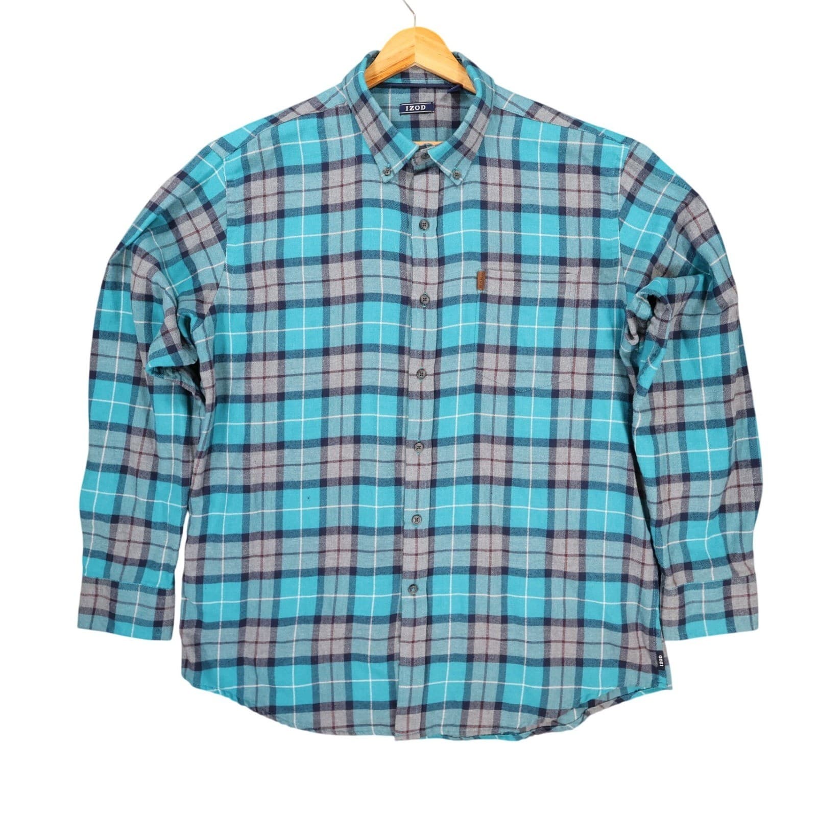IZOD Button Down Shirt Mens XL Blue Plaid Cotton Blend Regular Fit Long Sleeve