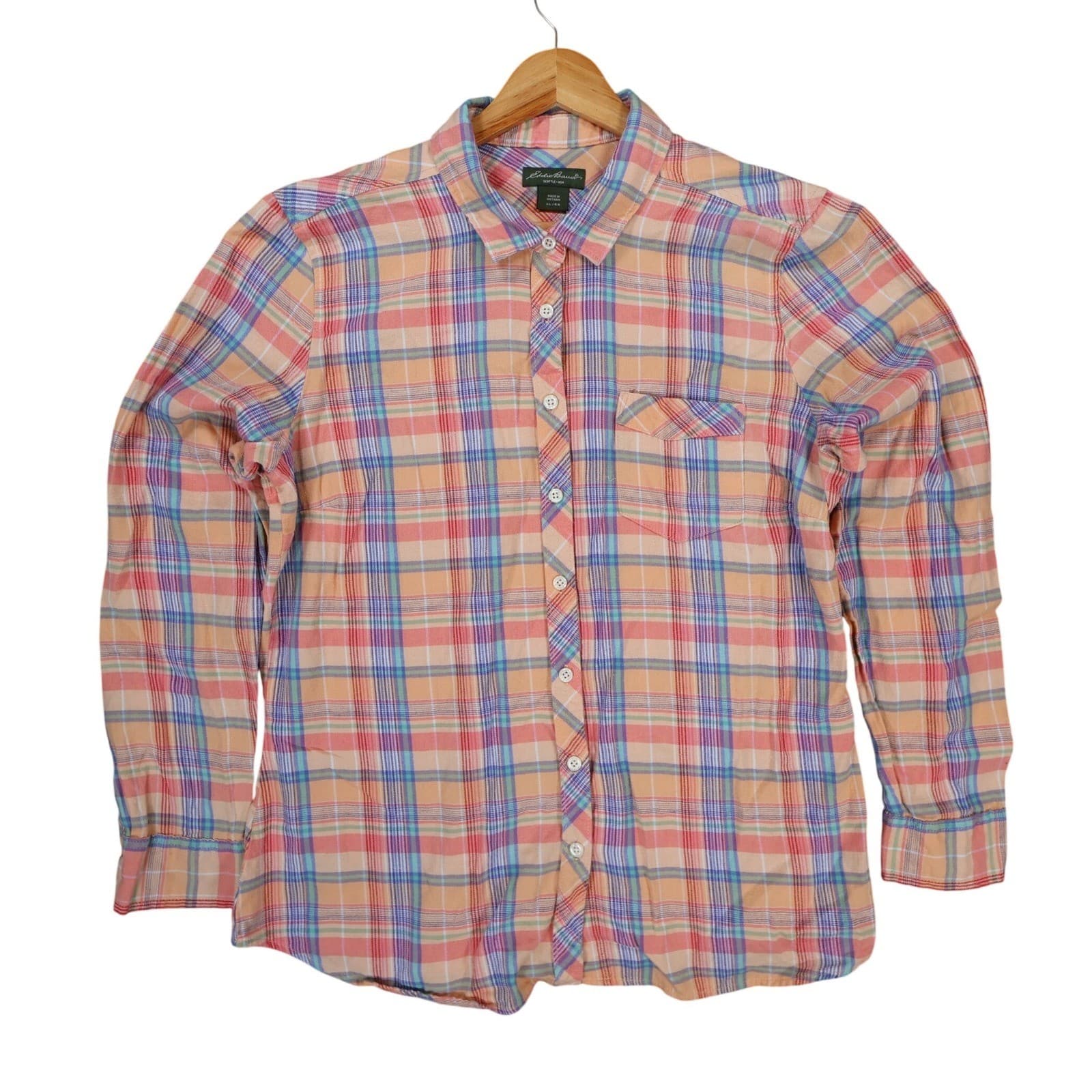 Eddie Bauer Button Down Womens XL Orange Plaid 100% Cotton Long Sleeve Shirt