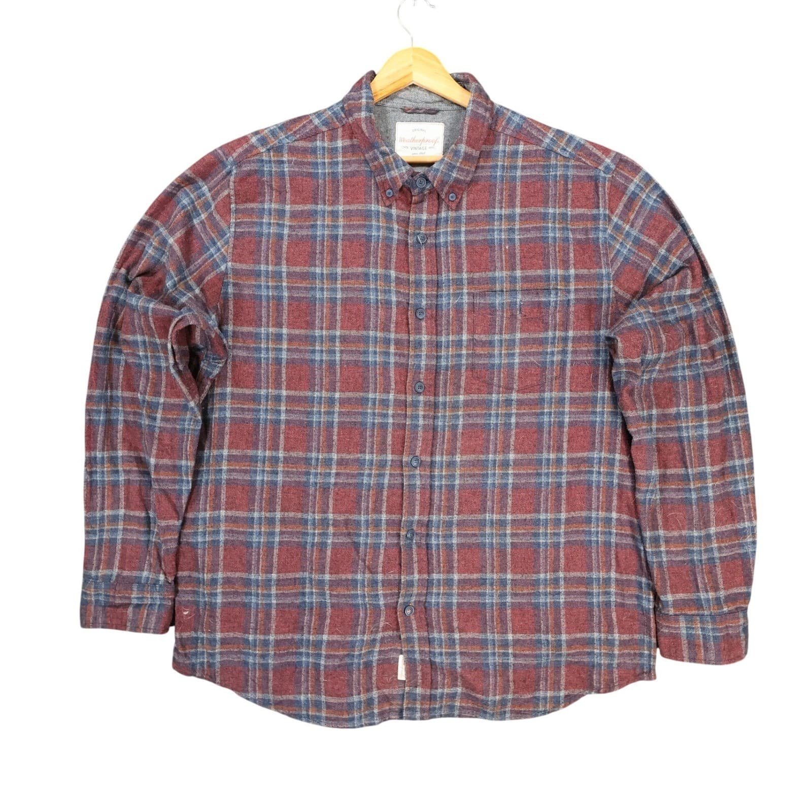 Weatherproof Vintage Button Down Mens XXL Red Blue Plaid Cotton Blend Flannel