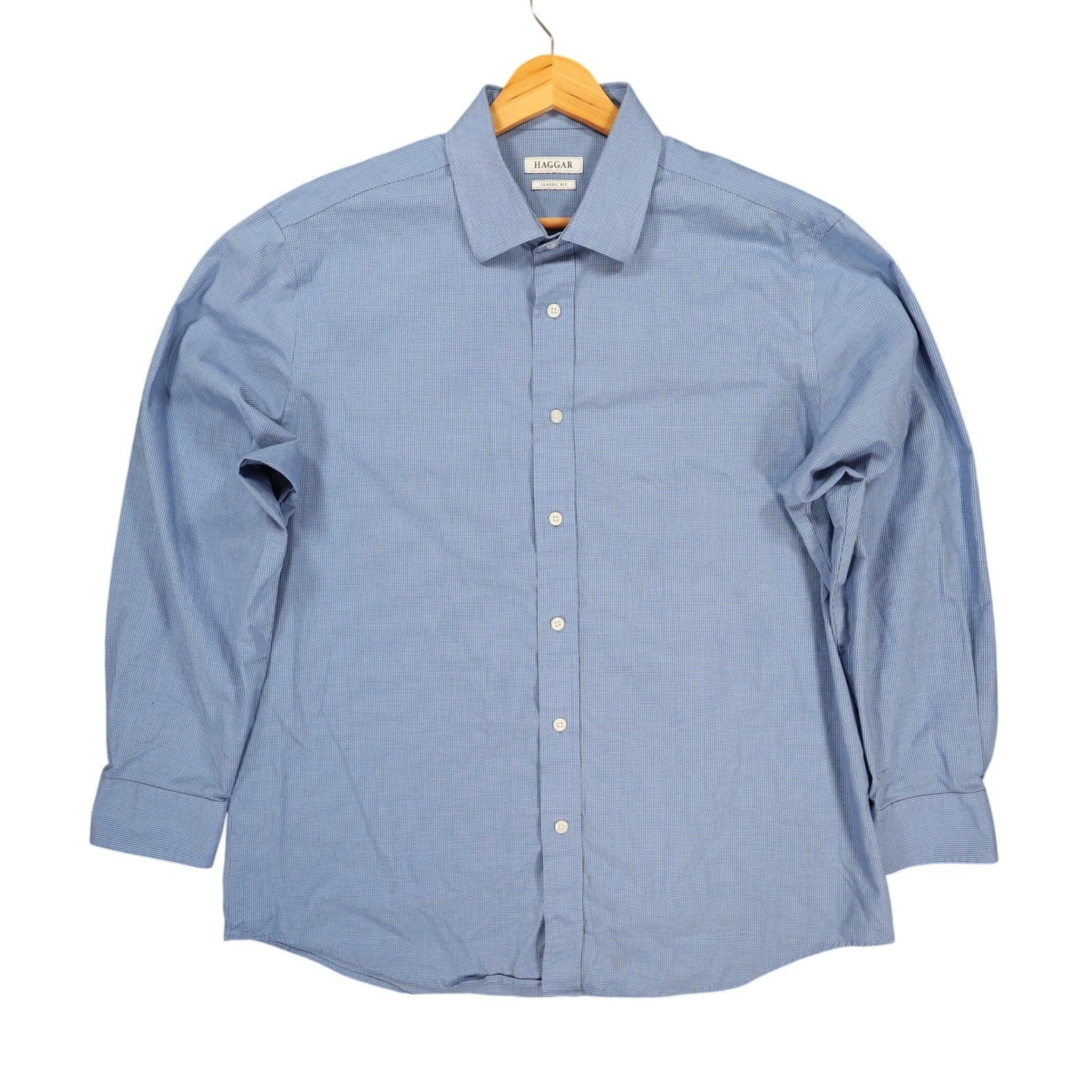 Haggar Button Up Shirt Mens 16-16.5 Blue Cotton Blend Classic Fit Office Wear