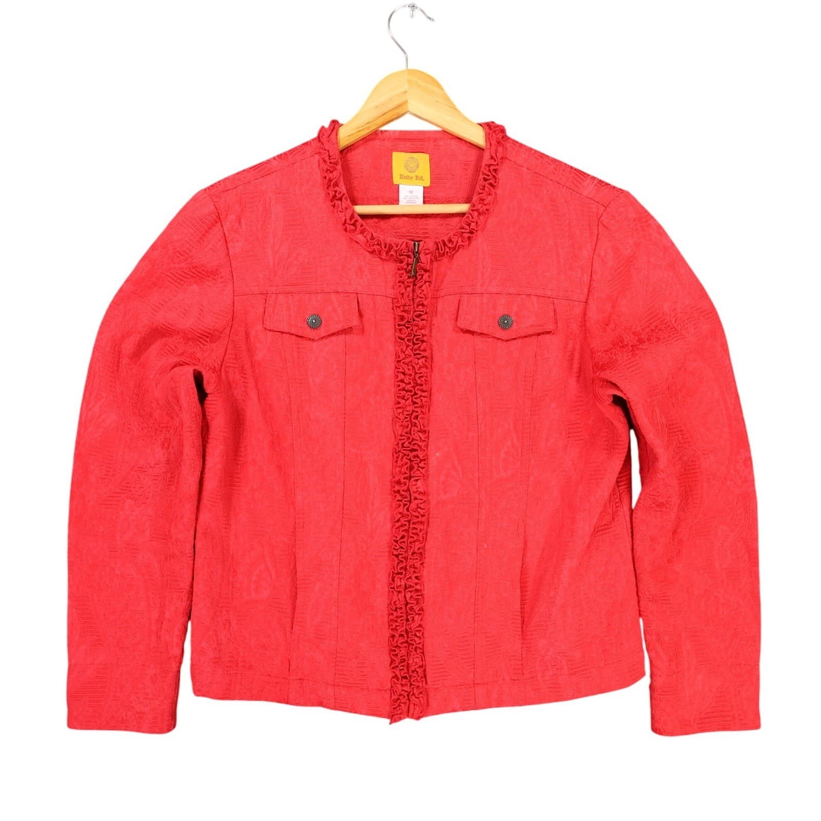 Ruby Rd Zip Front Jacket Womens 12 Red Cotton Blend Jacquard Ruffle Career