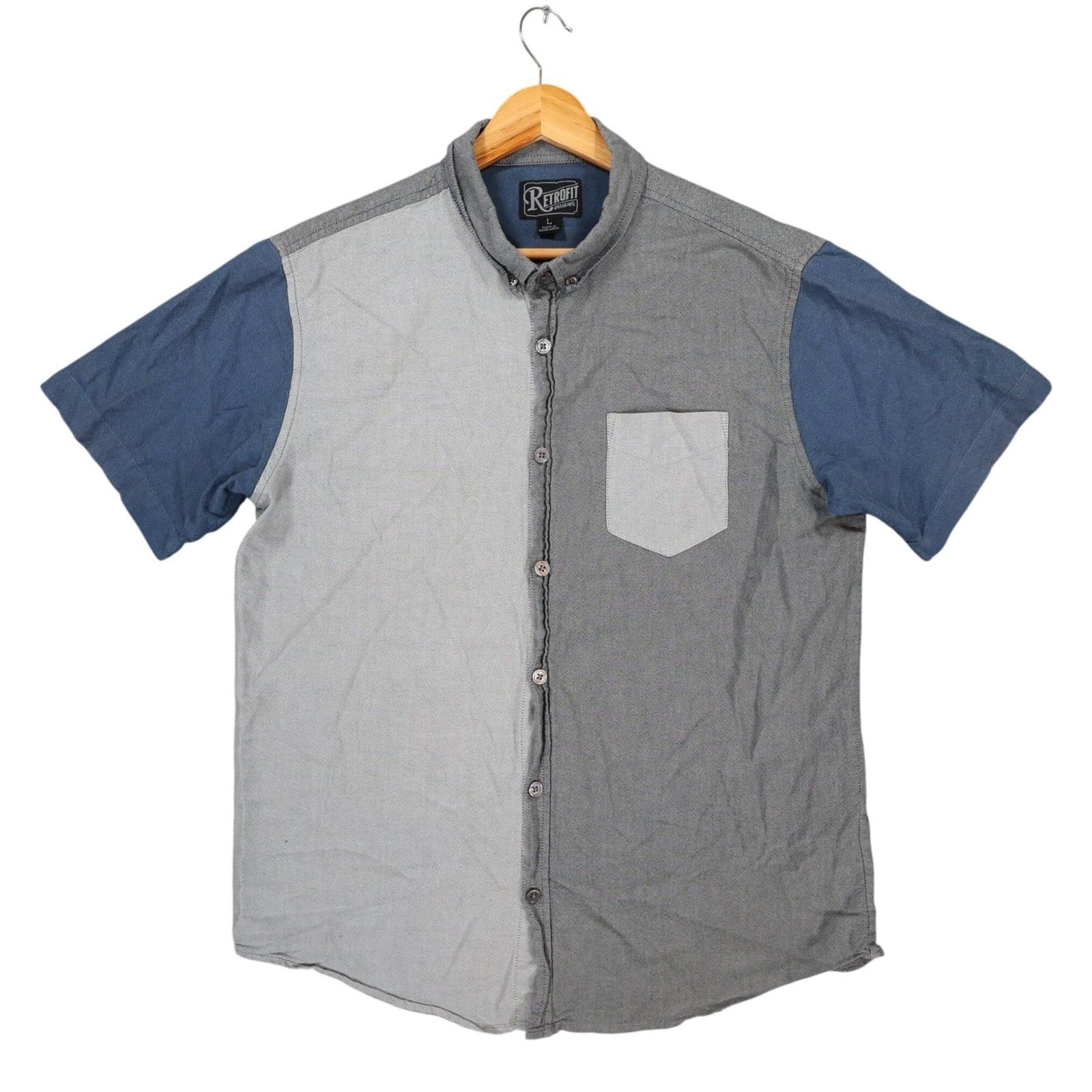 Retrofit Button Down Shirt Mens Large Gray Blue Cotton Colorblock Short Sleeve