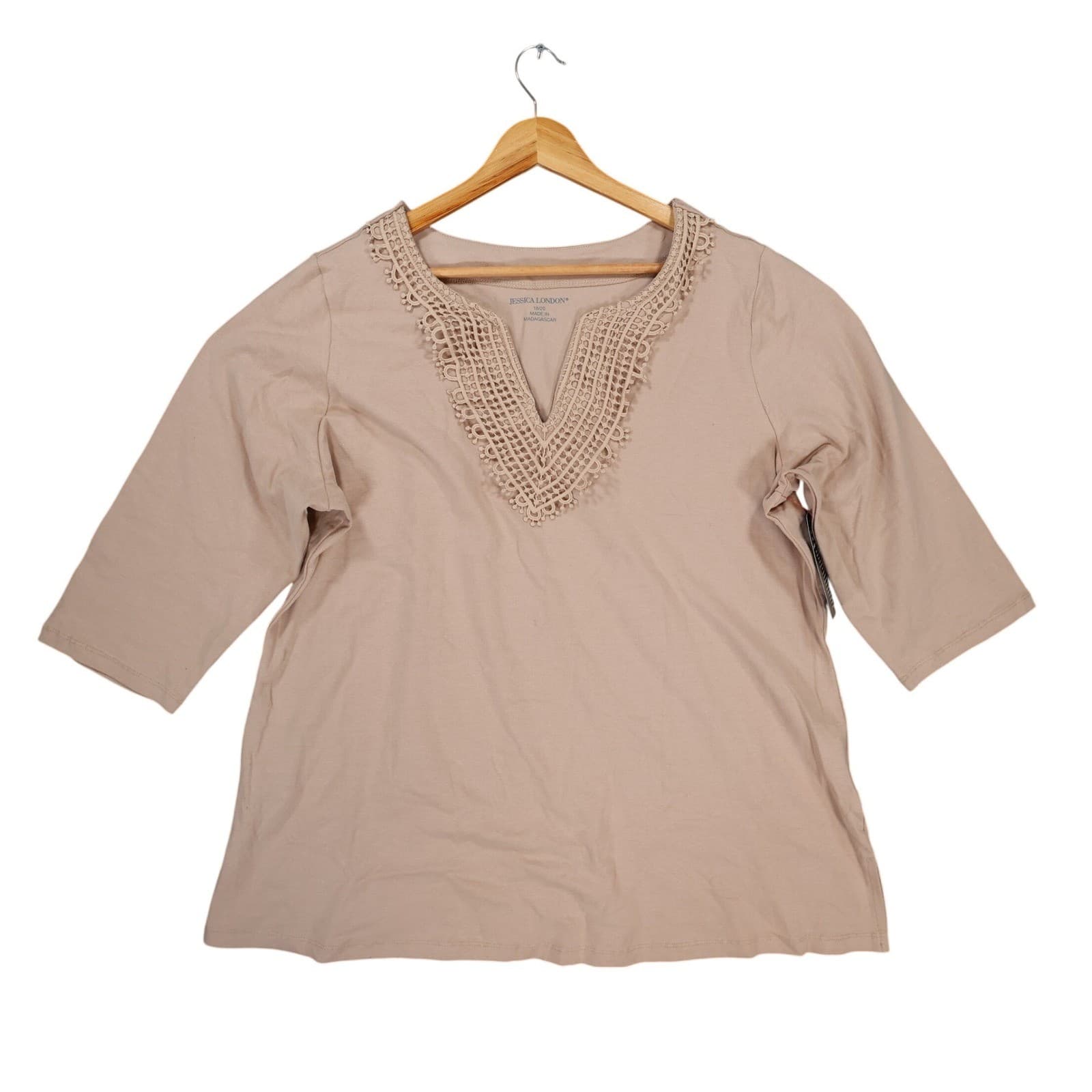 Jessica London Top Womens 18/20 Tan Cotton Spandex Crochet V-Neck 3/4 Sleeve