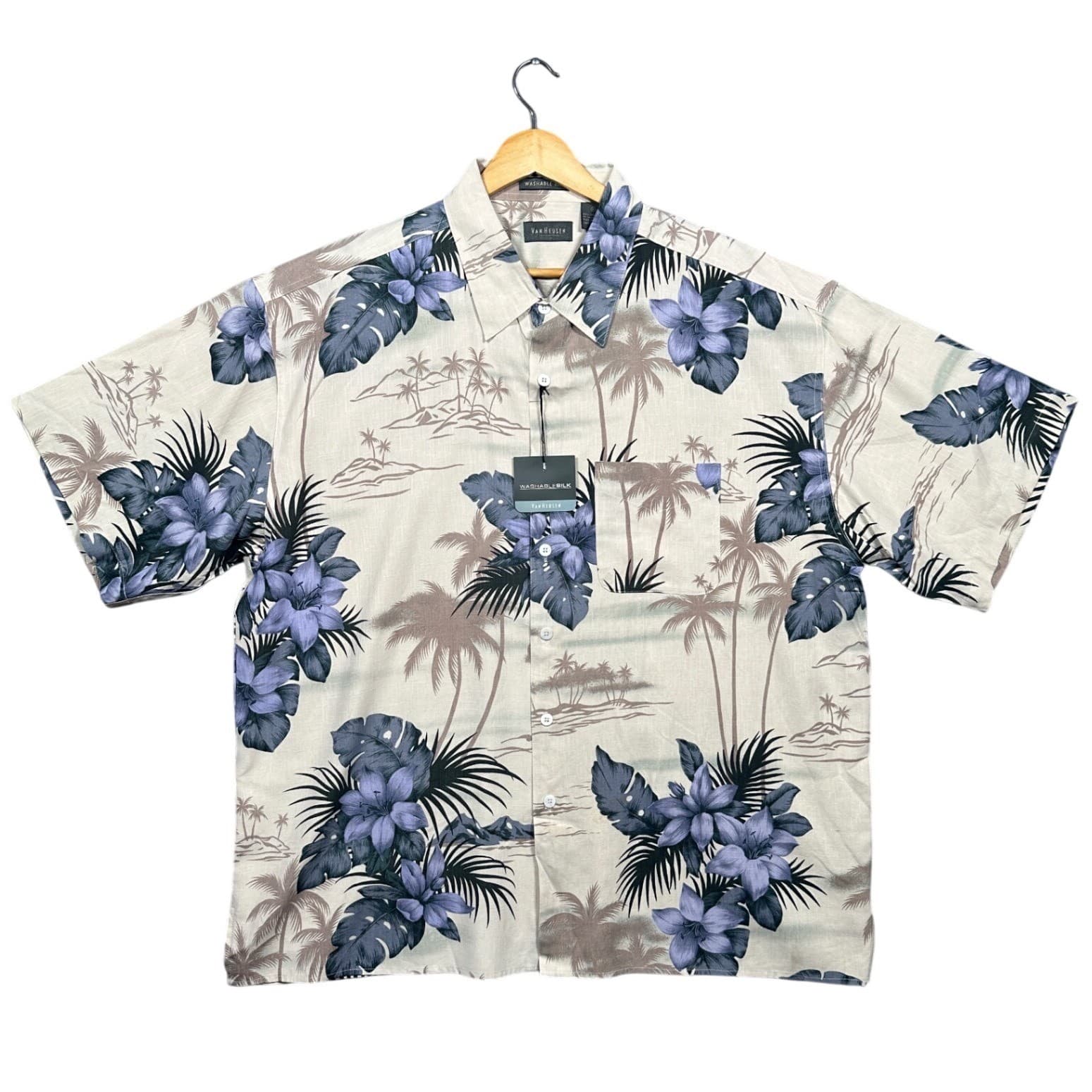 Van Heusen Silk Shirt Mens XL Off White Blue Tropical Floral Short Sleeve NWT