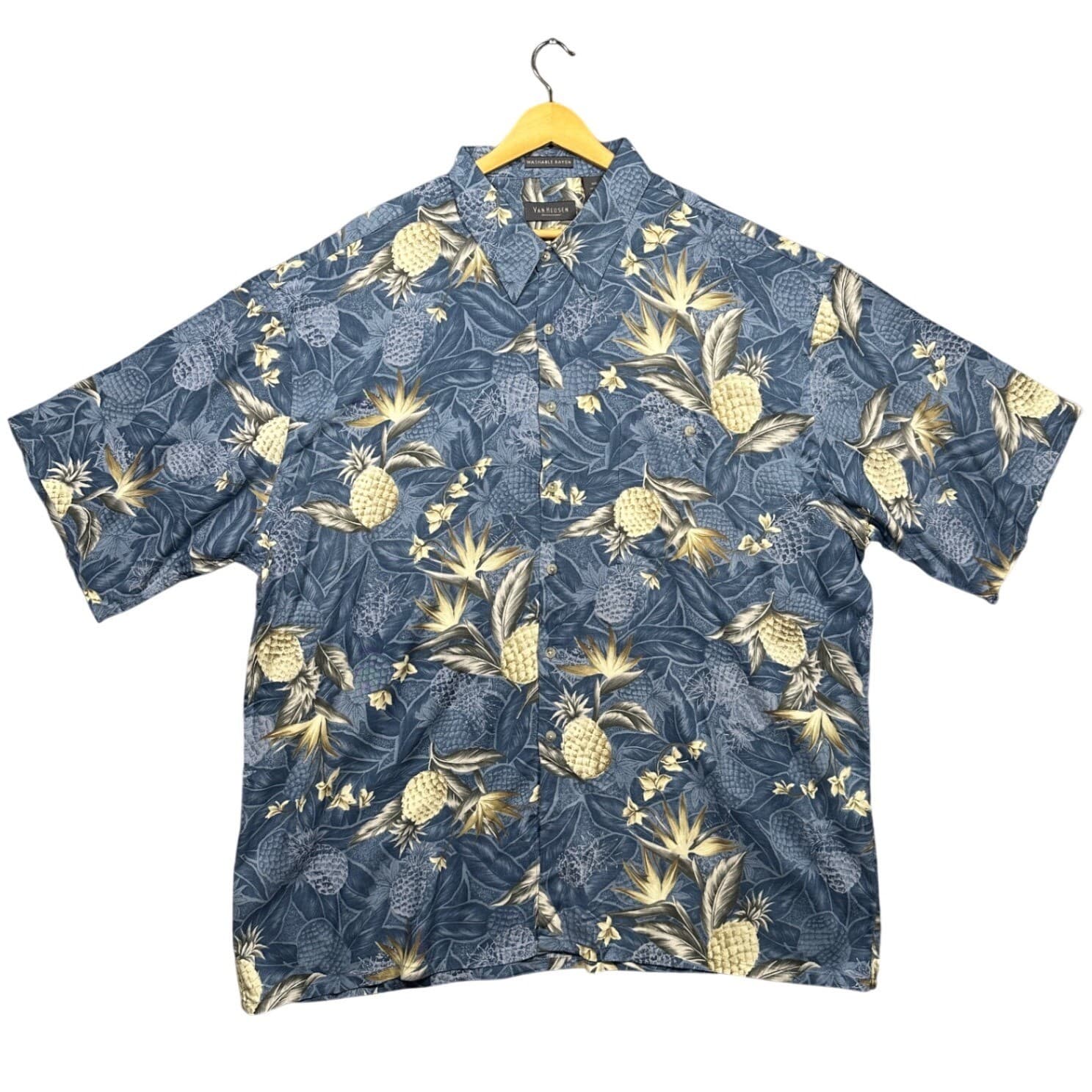 Van Heusen Tropical Pineapple Shirt Mens XXL Blue Rayon Short Sleeve NWT