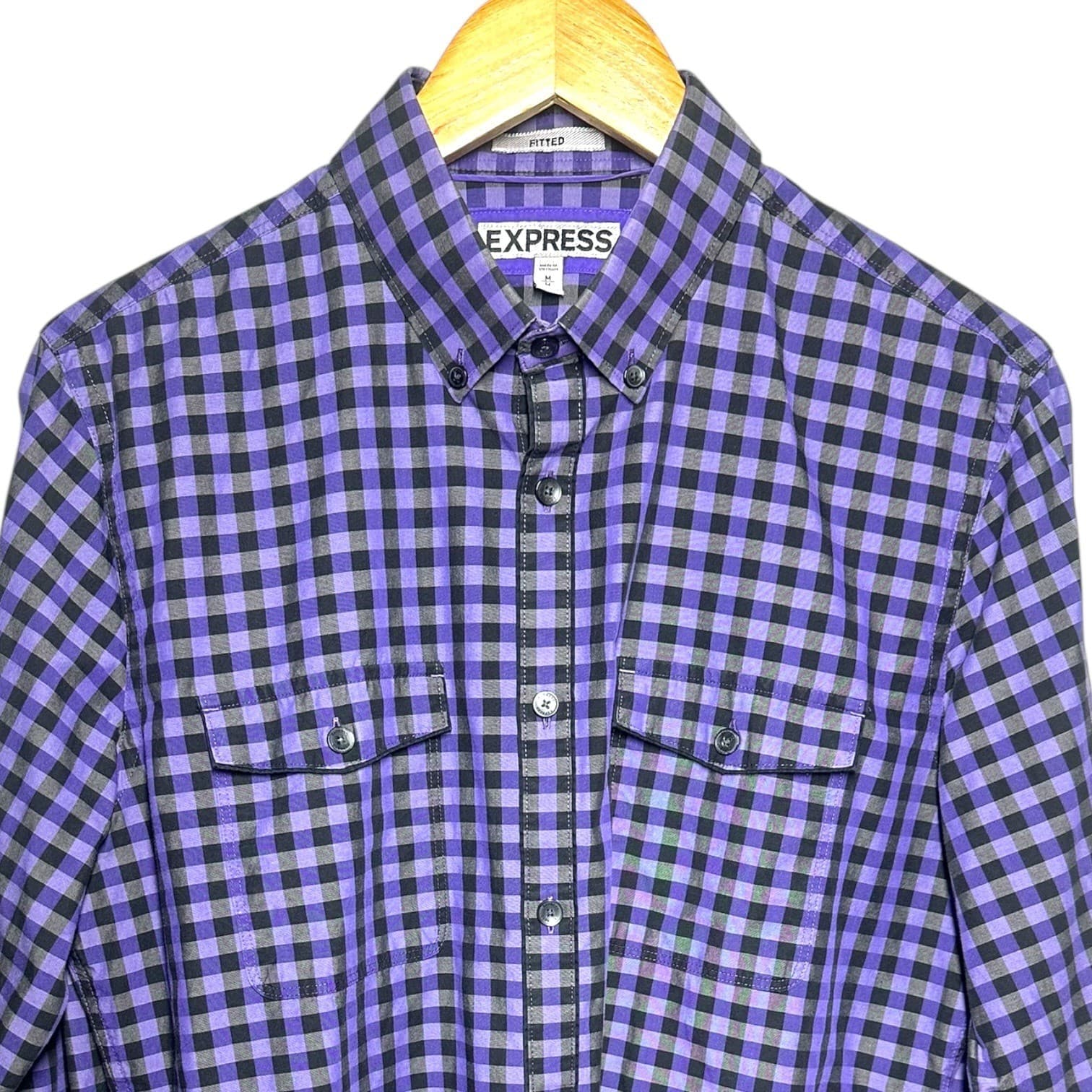 Express Mens Fitted Gingham Check Button Down Long Sleeve Shirt Size M