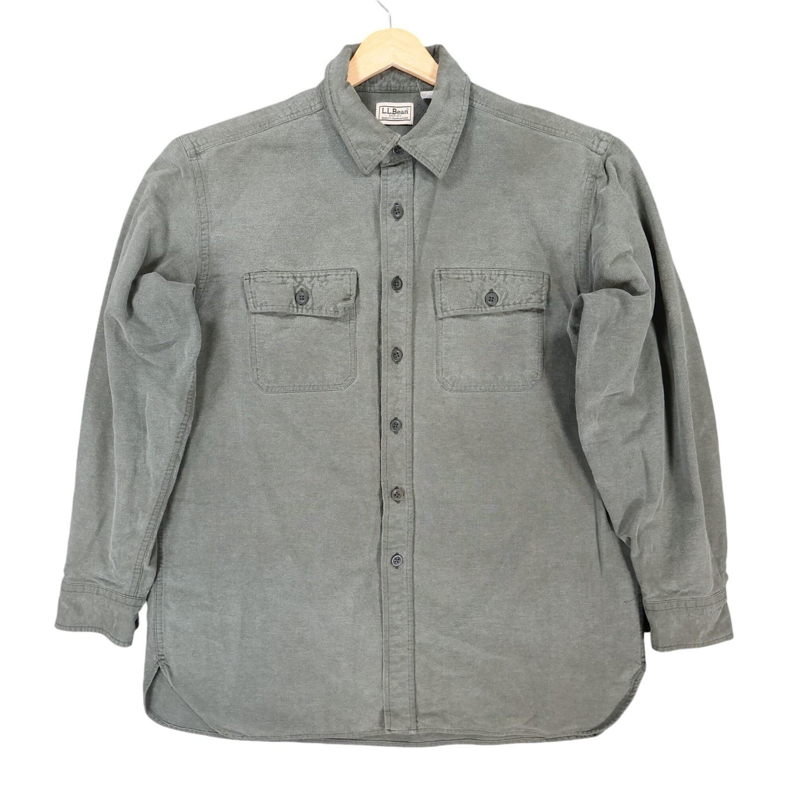 LL Bean Button Up Shirt Mens LG Green 100% Cotton Regular Fit Chamois Style
