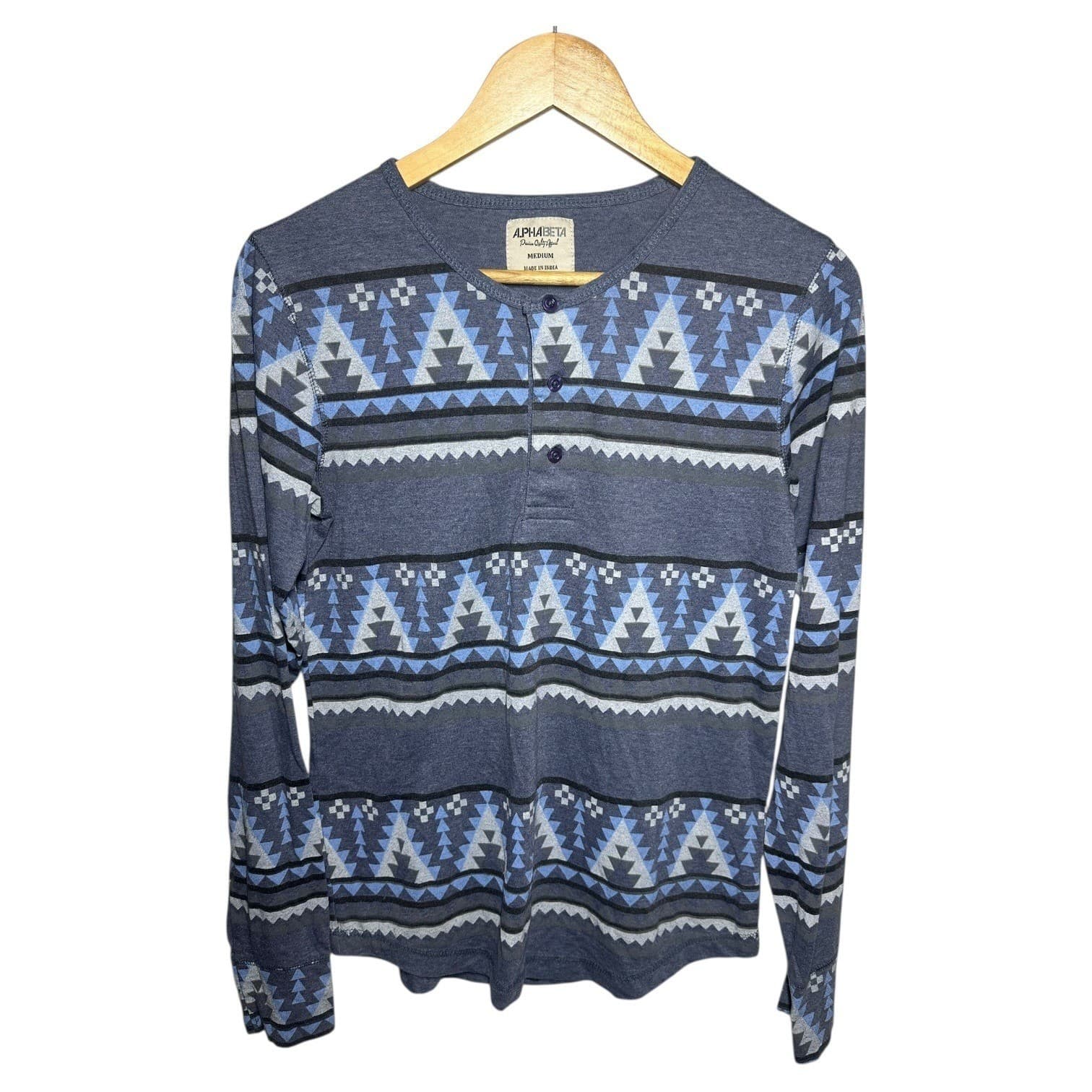 ALPHA BETA Men's Size Medium Blue Geometric Aztec Long Sleeve Henley Shirt