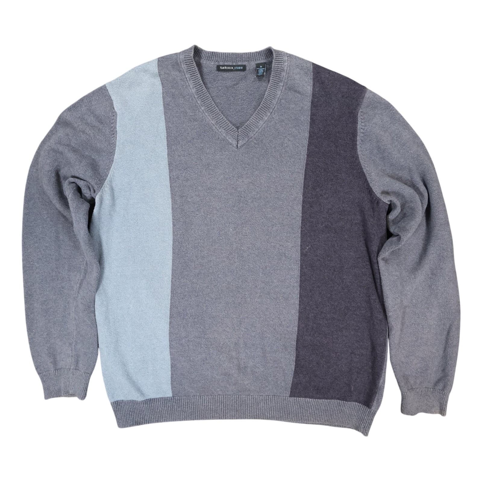 Van Heusen Studio Sweater Mens Medium Gray Cotton V-Neck Colorblock Striped
