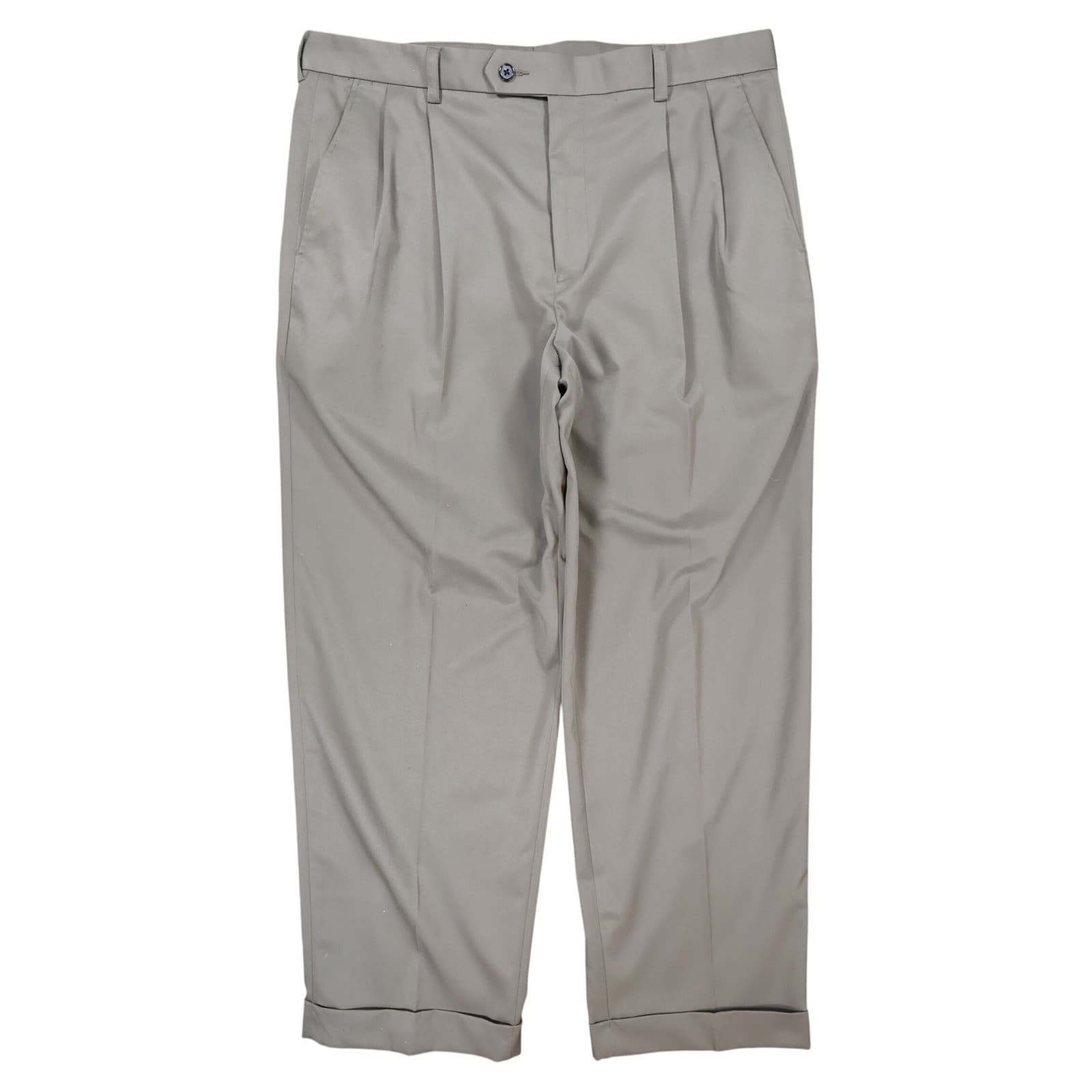 IZOD Dress Pants Mens 38x30 Khaki Polyester Pleated Cuffed Business Slacks