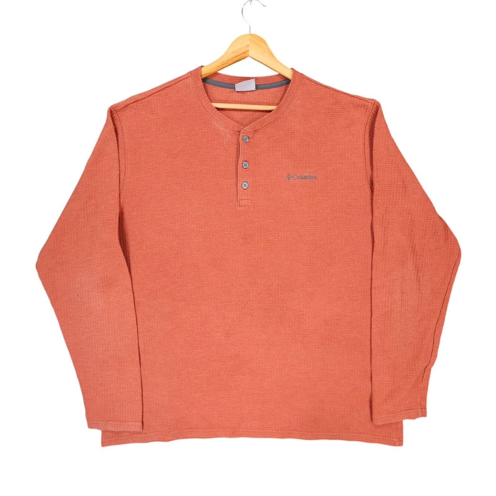 Columbia Henley Shirt Mens XXL Orange Cotton Blend Waffle Knit Long Sleeve