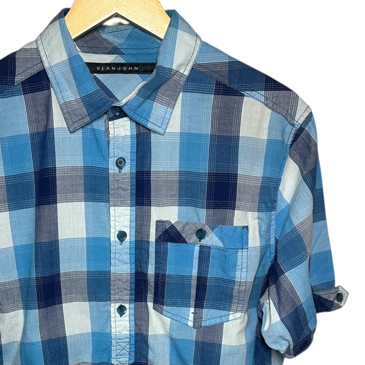 Sean John Mens Blue Plaid Short Sleeve Button Up Shirt Size Large