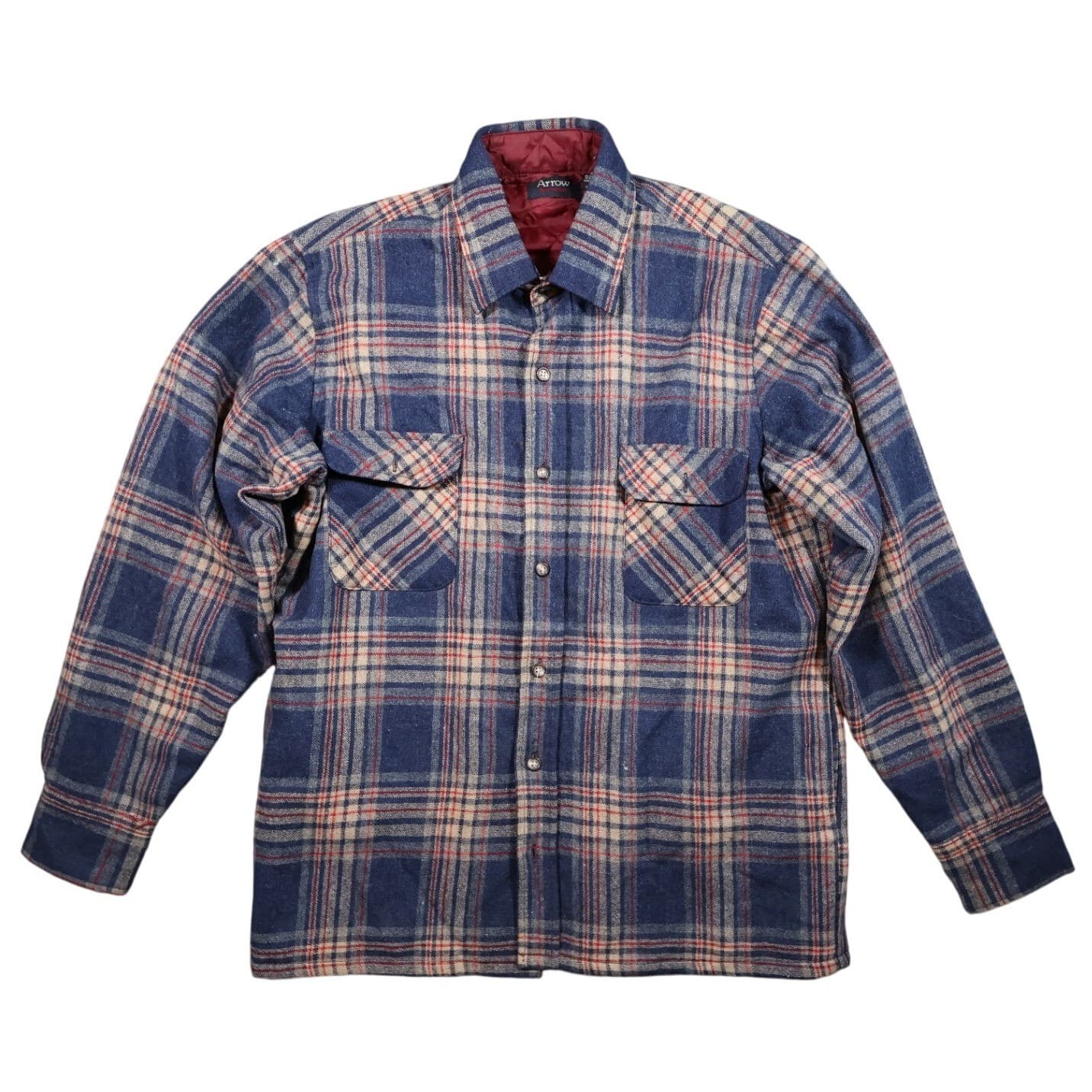 Arrow Sportswear Flannel Shirt Mens Medium Blue Plaid Excellent Wool Blend