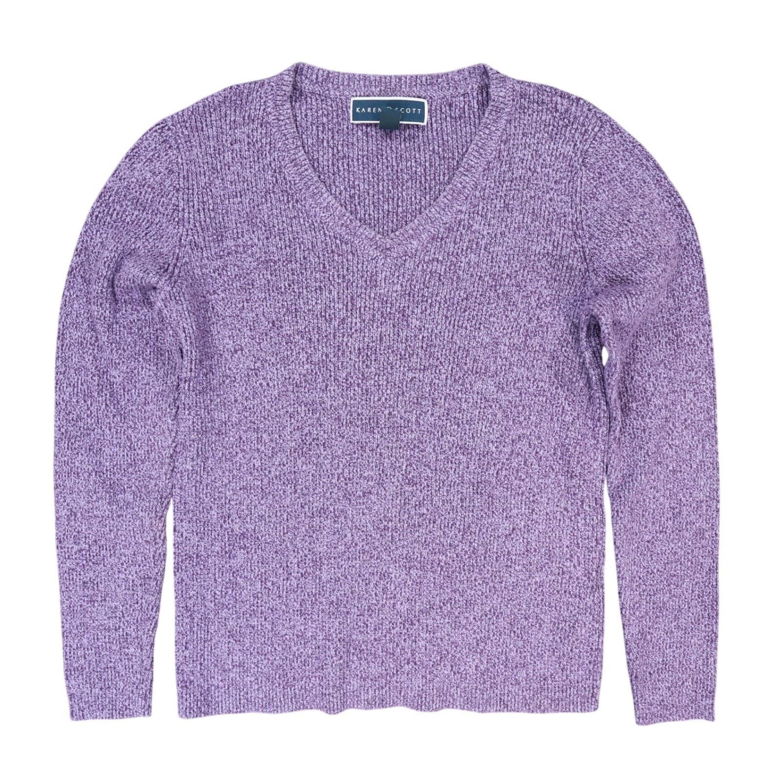 Karen Scott Sweater Womens S Purple Knit V-Neck Long Sleeve Casual Ribbed Top
