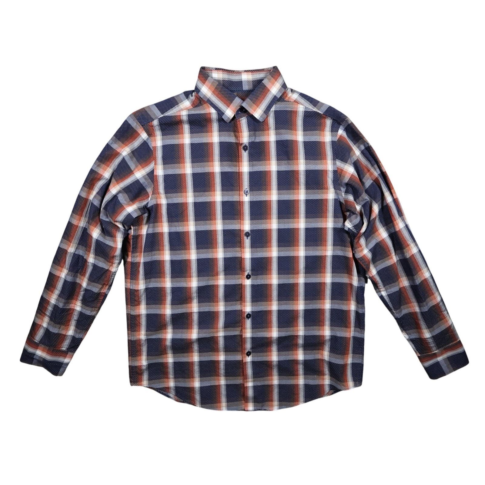 Hart Schaffner Marx Button Up Shirt Mens M Blue Orange Excellent Plaid Cotton