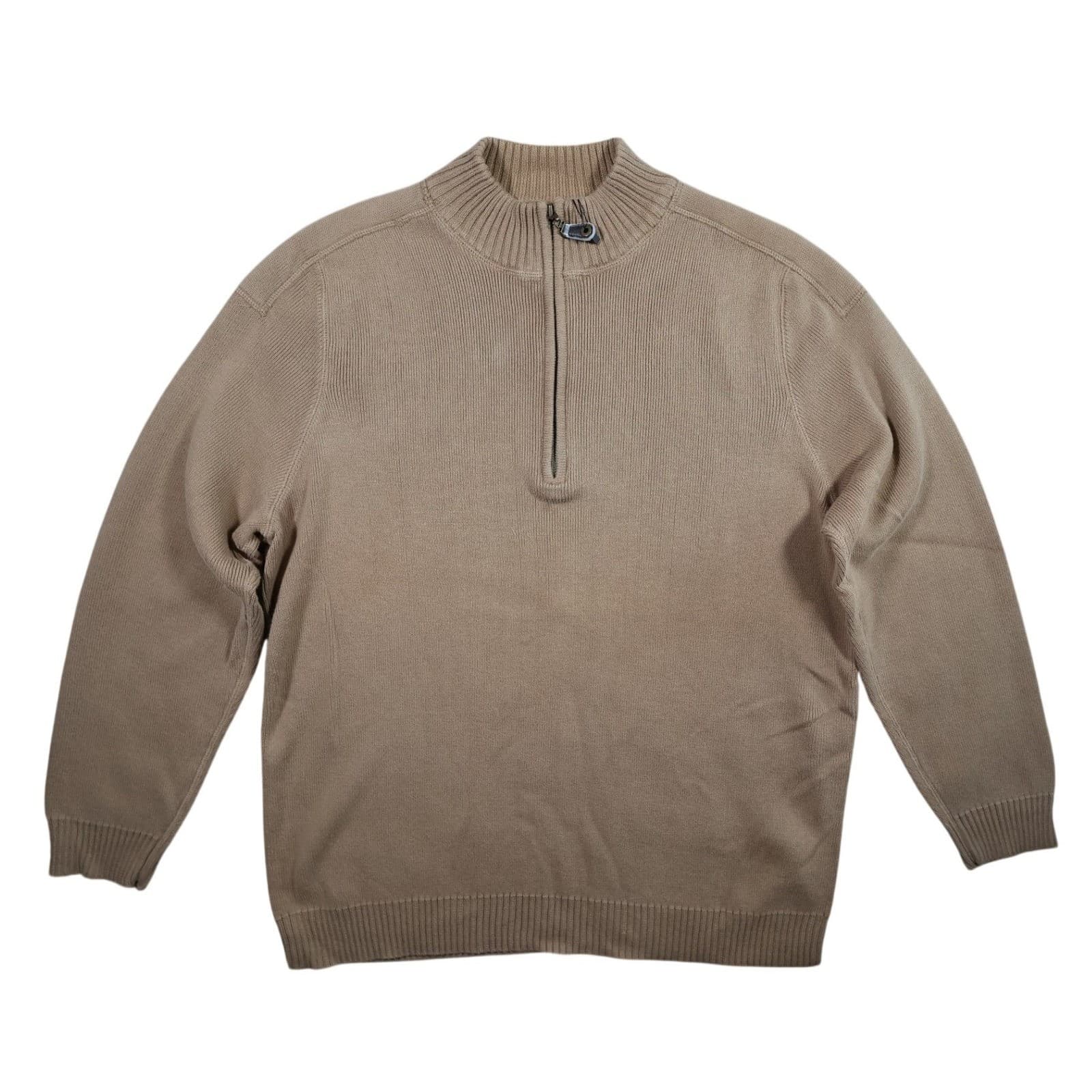 Eddie Bauer Quarter Zip Sweater Mens XL Tall Tan Excellent Vintage Ribbed Cotton