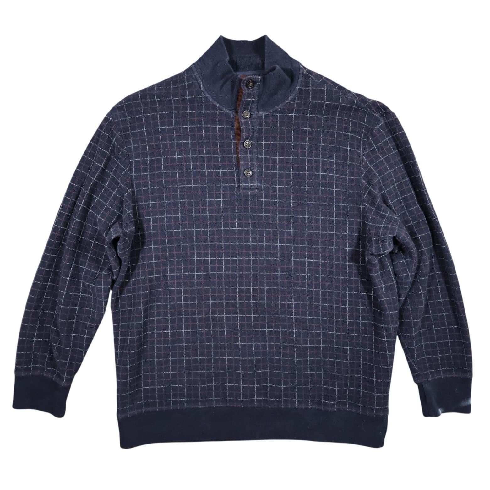 Roundtree & Yorke Pullover Mens XL Navy Blue Excellent Grid Pattern Mock Neck