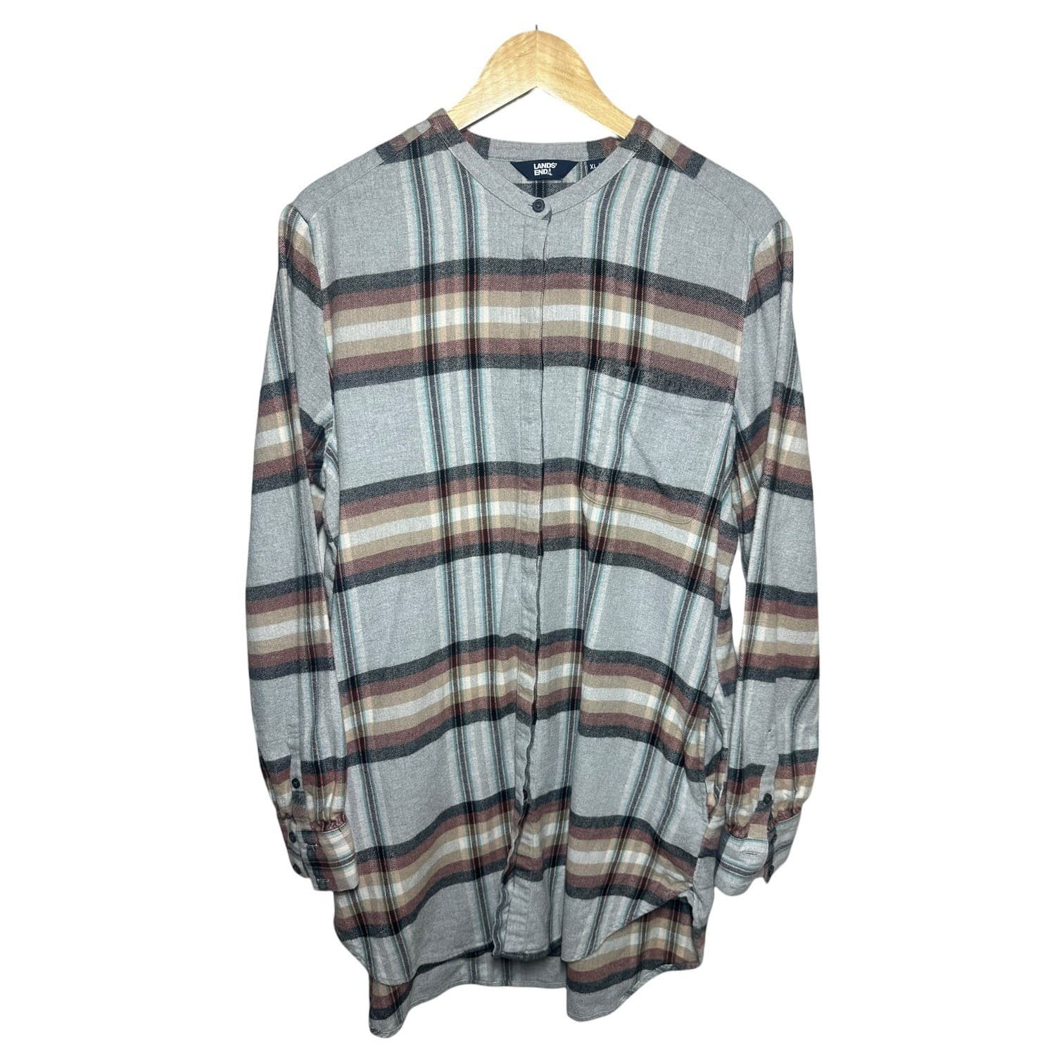 Lands End Plaid Long Sleeve Band Collar Tunic Shirt Womens XL Gray Multi Color