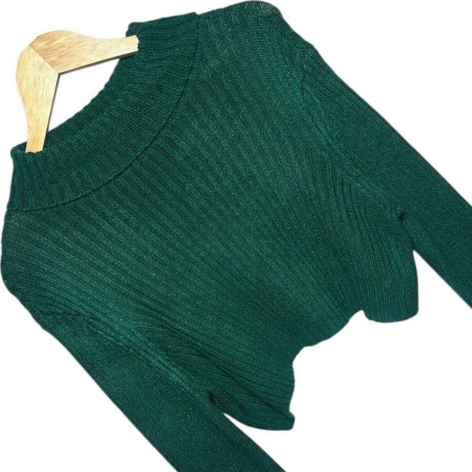Skylar + Madison Green Ribbed Knit Cropped Collared Sweater Top Size L