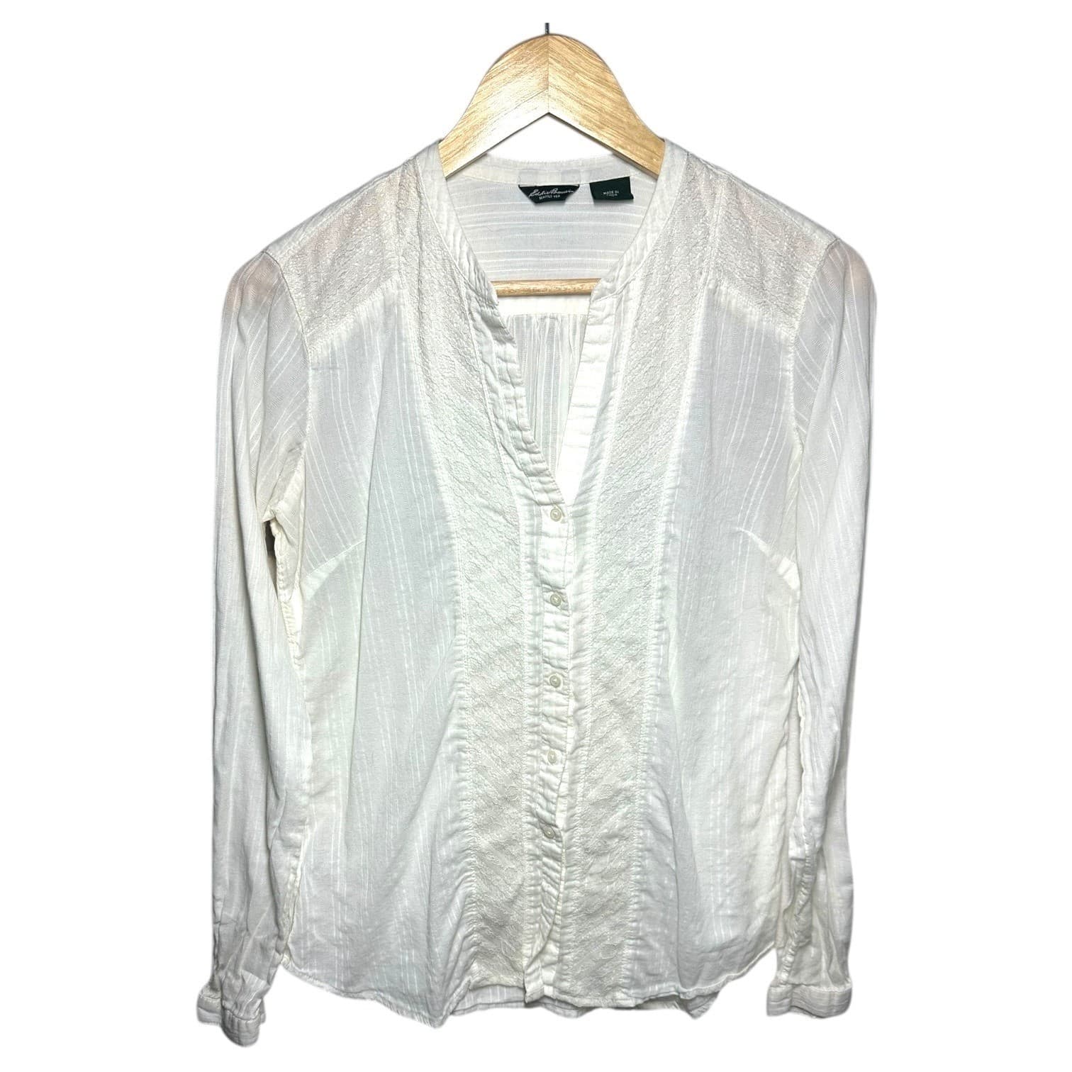Eddie Bauer White Embroidered Band Collar Long Sleeve Blouse Women's Size S