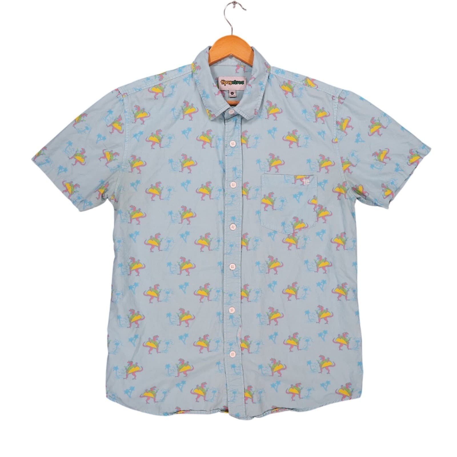 Tipsy Elves Button Up Shirt Mens Medium Blue Cotton Rayon Taco Dinosaur Hawaiian