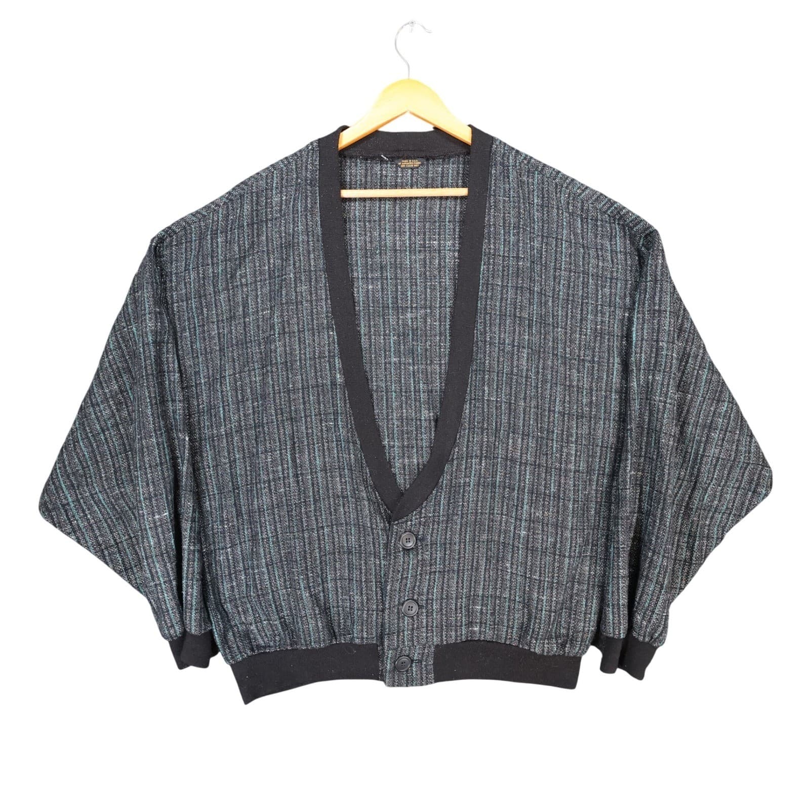 Vintage Cardigan Sweater Mens XL Black Teal Woven Textured Knit Batwing USA