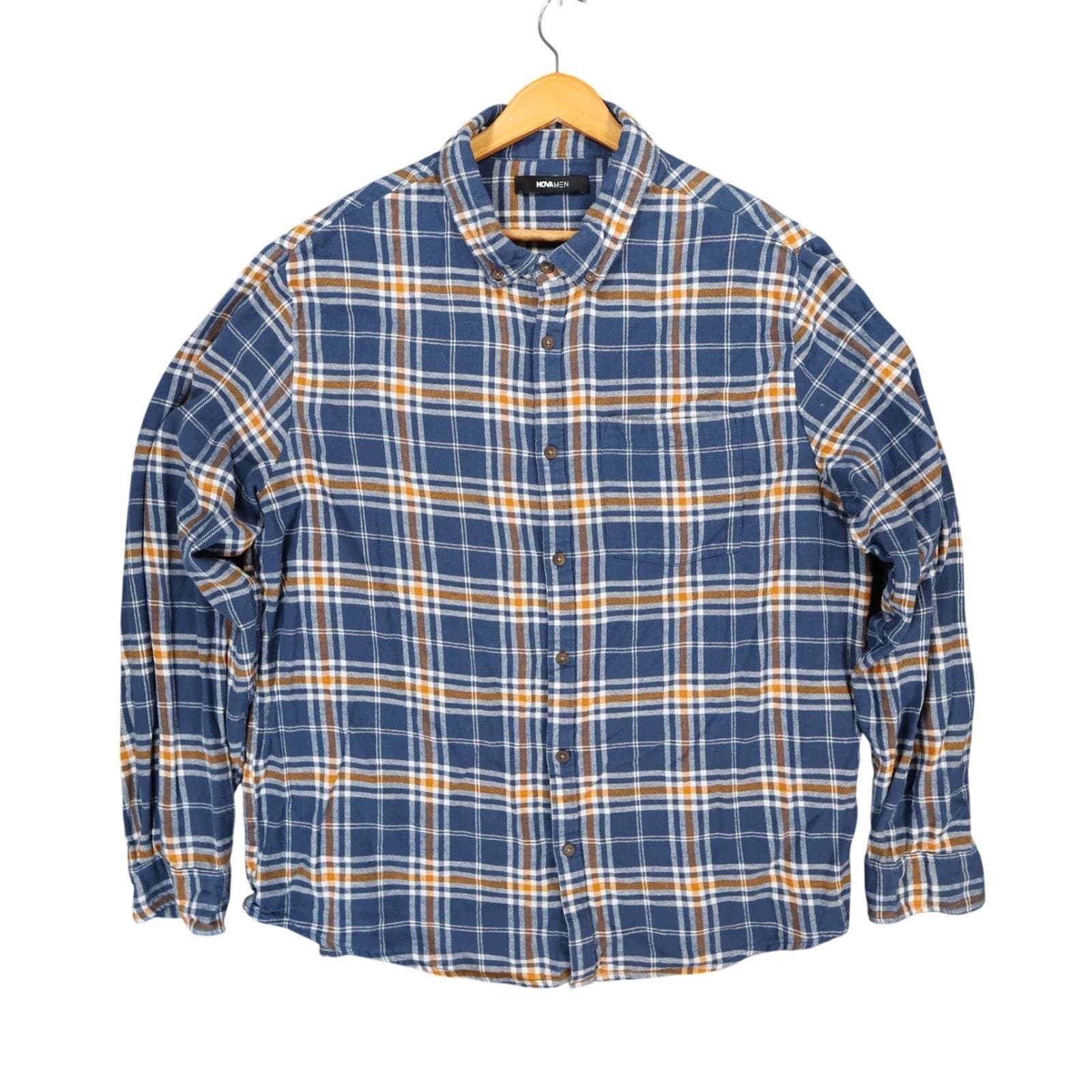 Fashion Nova Men Flannel Shirt Mens XL Blue Orange Plaid Cotton Button Down
