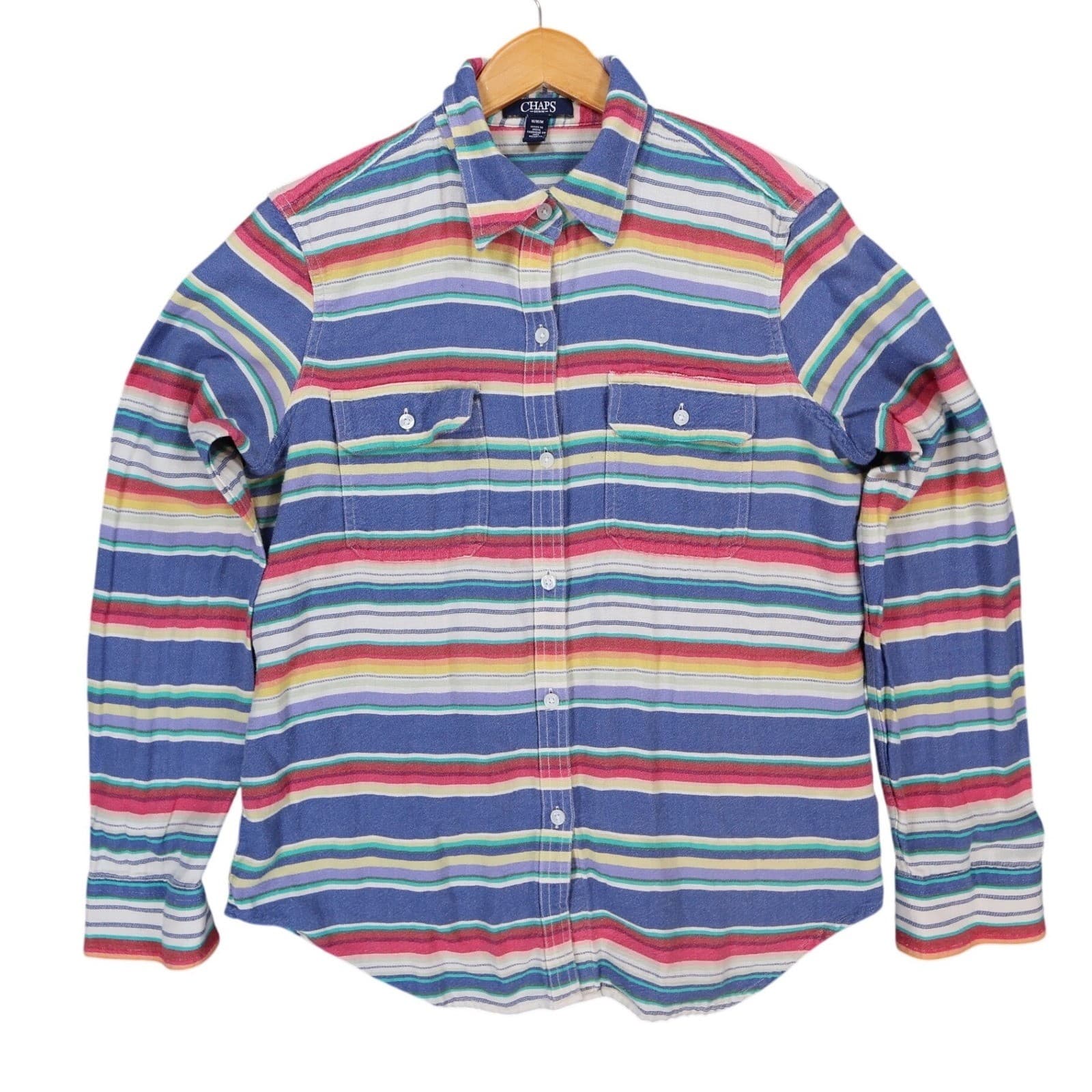Chaps Button Down Shirt Womens Medium Multi-Color Cotton Striped Western Casual