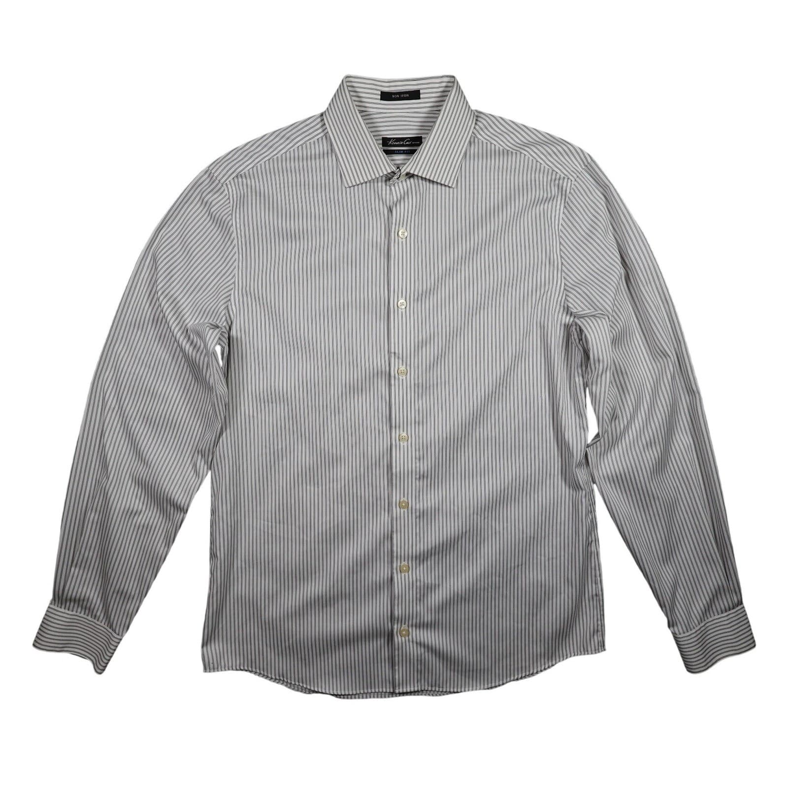 Kenneth Cole Dress Shirt Mens Medium White Excellent Striped Slim Fit Non Iron