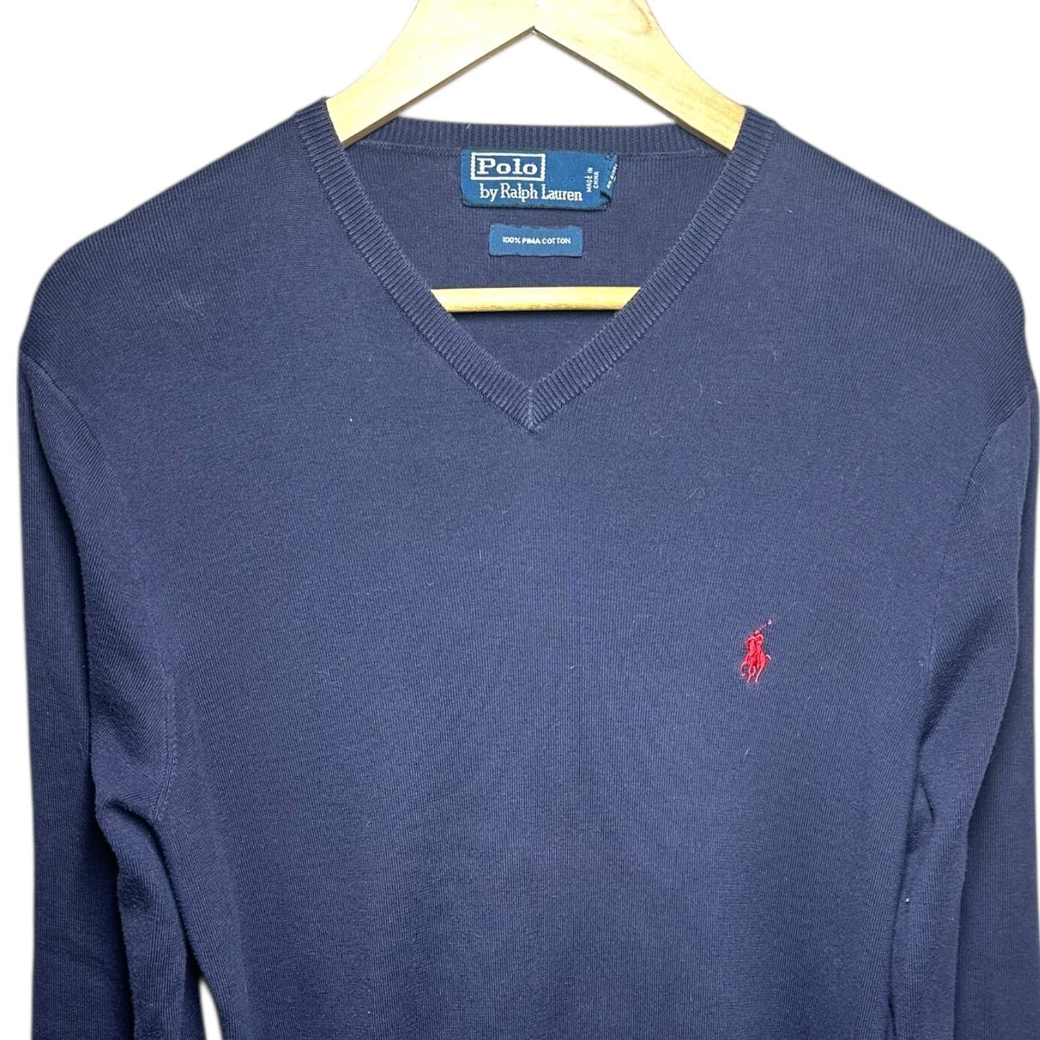 Polo Ralph Lauren Men Navy Blue V-Neck Long Sleeve Pima Cotton Sweater L