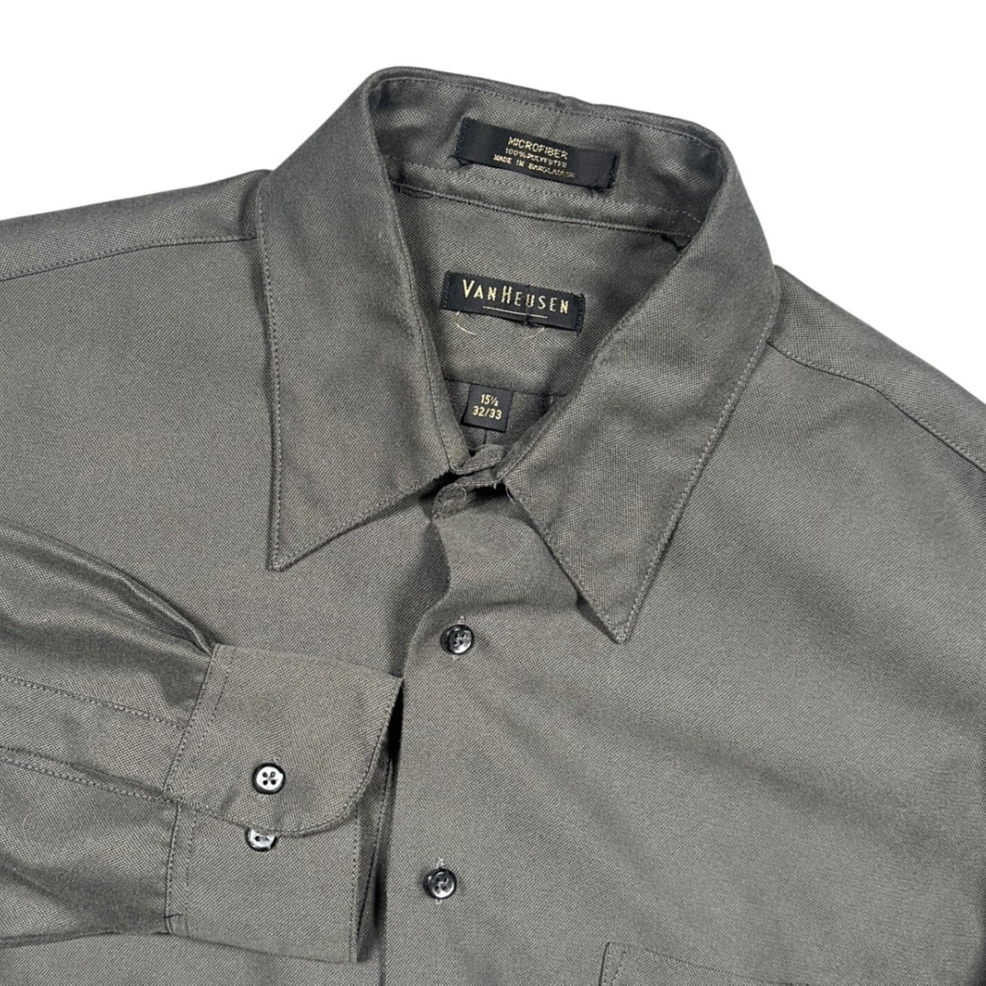 Van Heusen Dress Shirt Mens Medium Olive Green Microfiber Long Sleeve