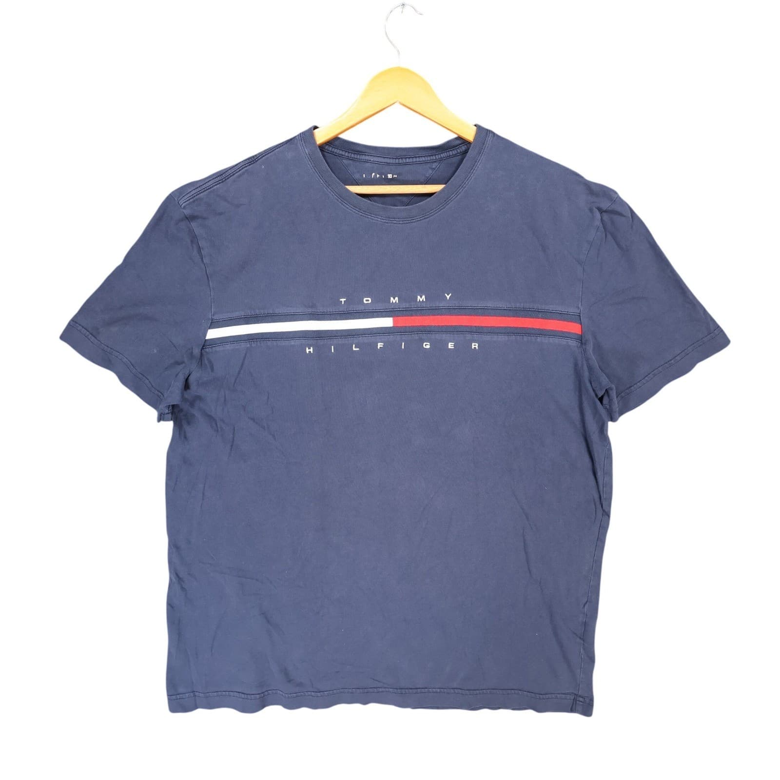 Tommy Hilfiger T-Shirt Mens Large Navy Blue Cotton Regular Fit Logo Graphic Tee