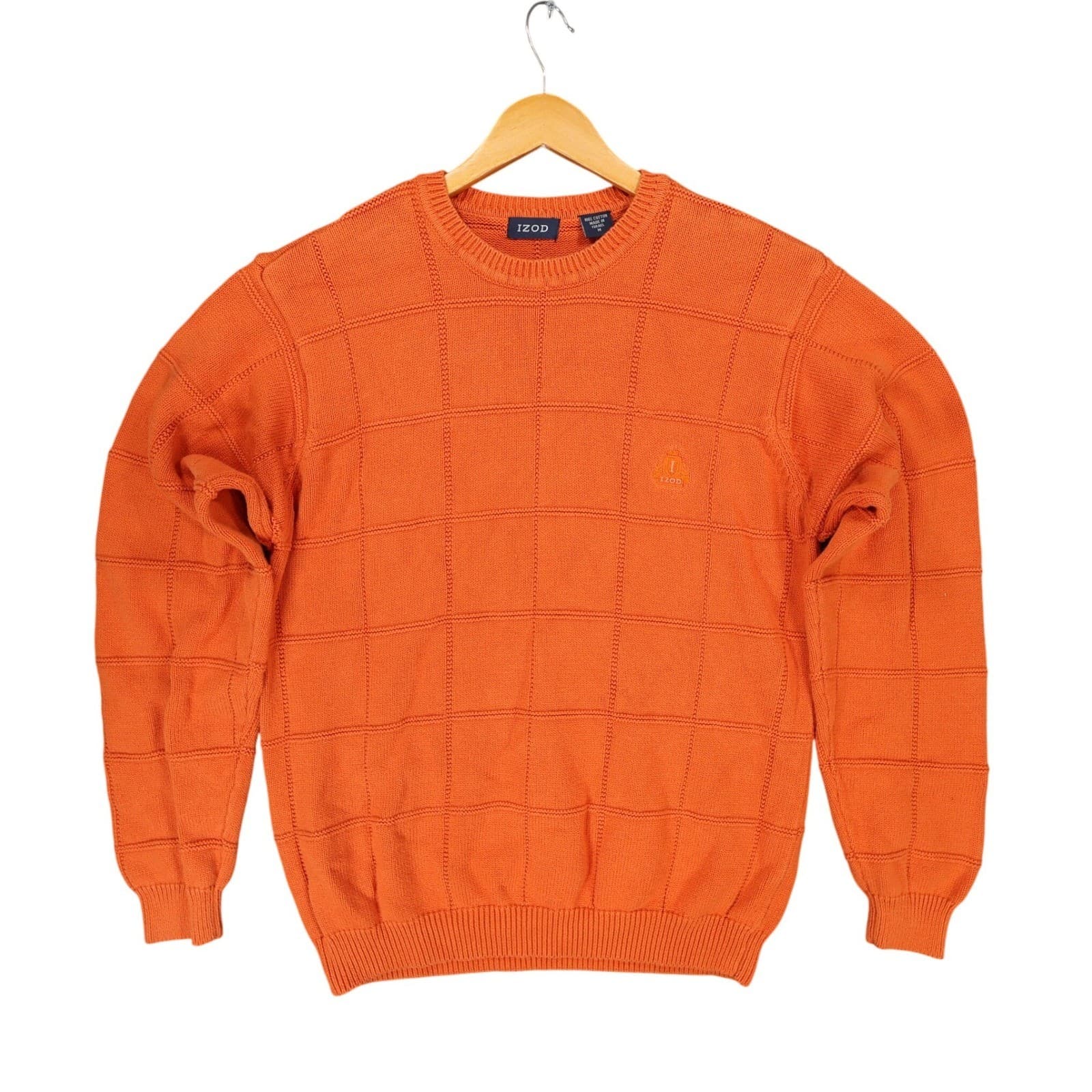 IZOD Sweater Mens Medium Orange 100% Cotton Crewneck Grid Texture Knit Classic