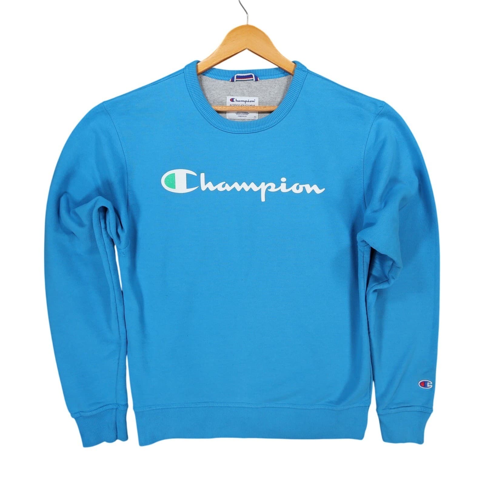 Champion Sweatshirt Mens S Blue Cotton Blend Regular Fit Script Logo Crewneck