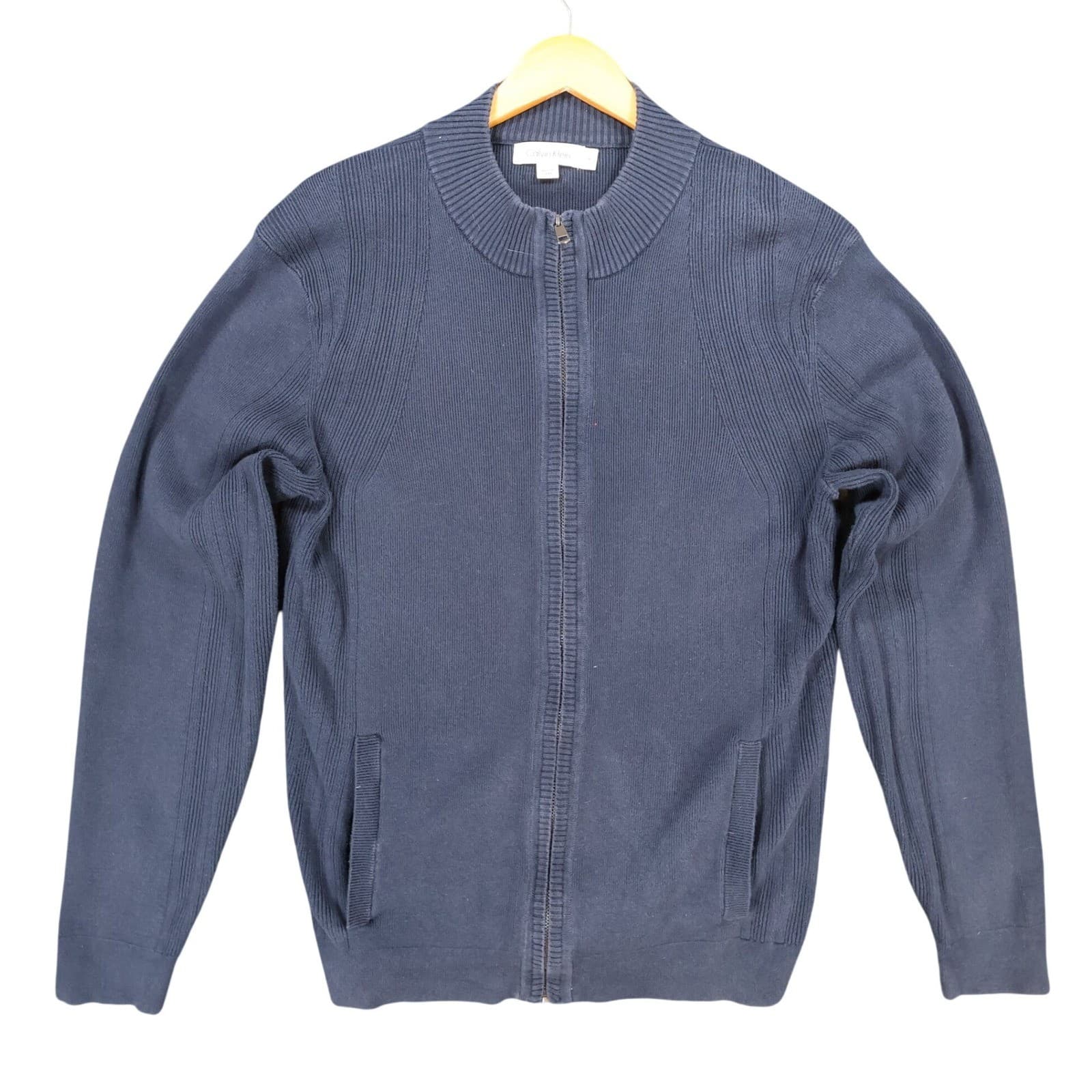 Calvin Klein Full Zip Cardigan Mens M Navy Blue Cotton Ribbed Mock Neck Sweater