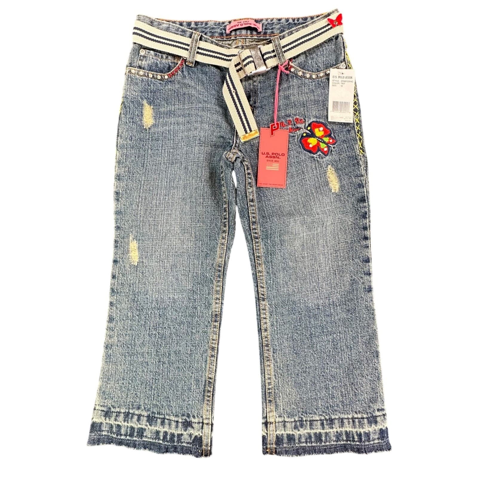 U.S. Polo Assn Jeans Girls 12 Blue Ramie Cotton Y2K Butterfly Embroidered Belted