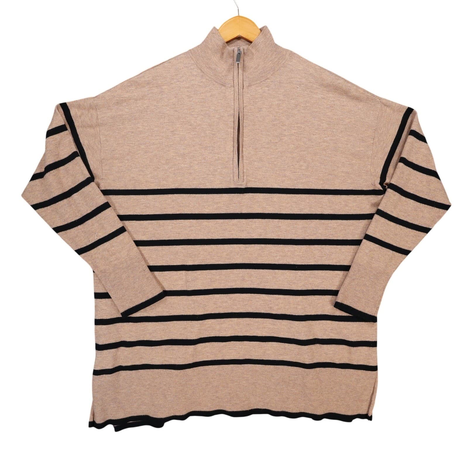 Ava & Viv Quarter Zip Pullover Women XXL Tan Black Striped Recycled Knit Sweater