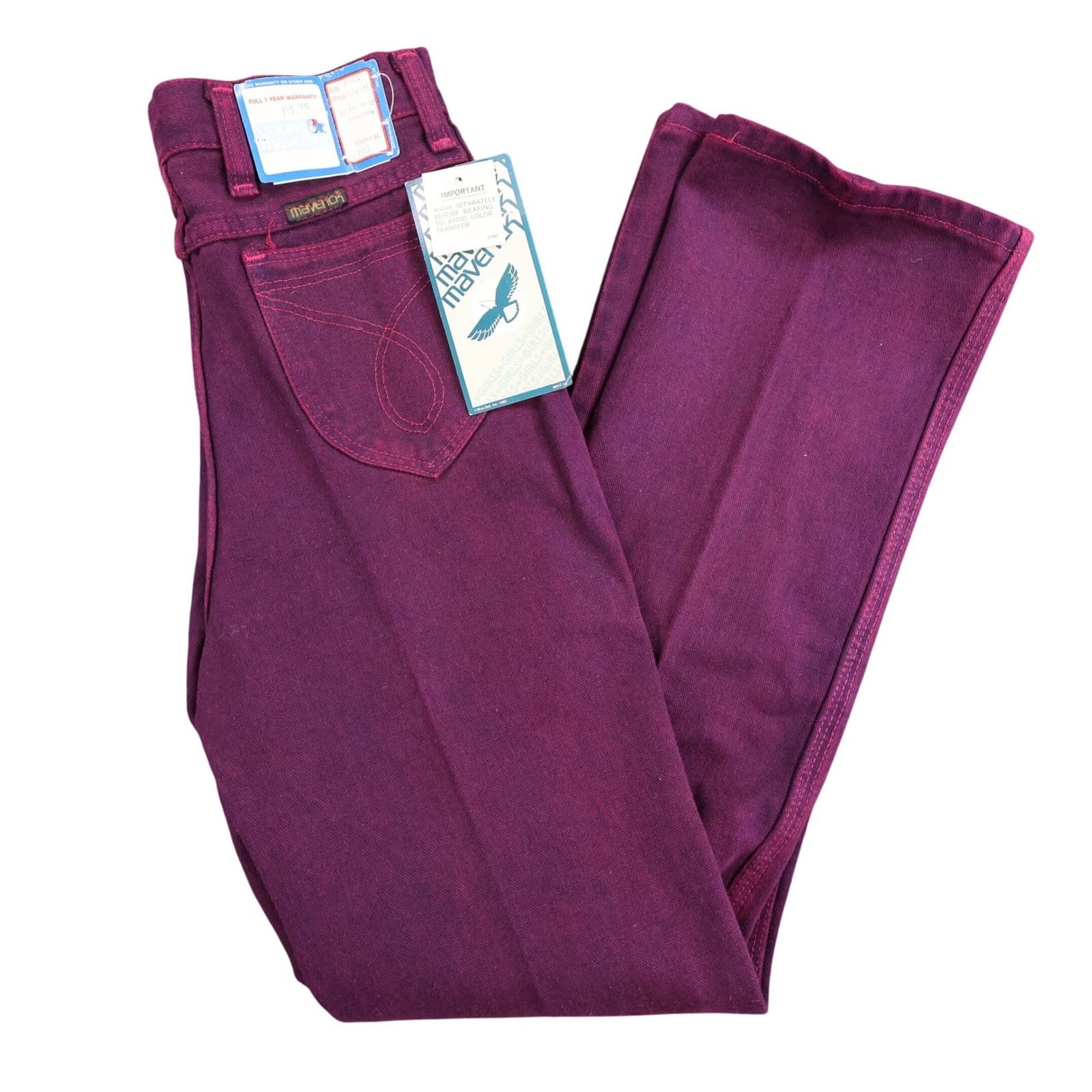 Young Maverick Jeans Girls 14 Reg Burgundy Cotton Straight Leg 80s Vintage NOS