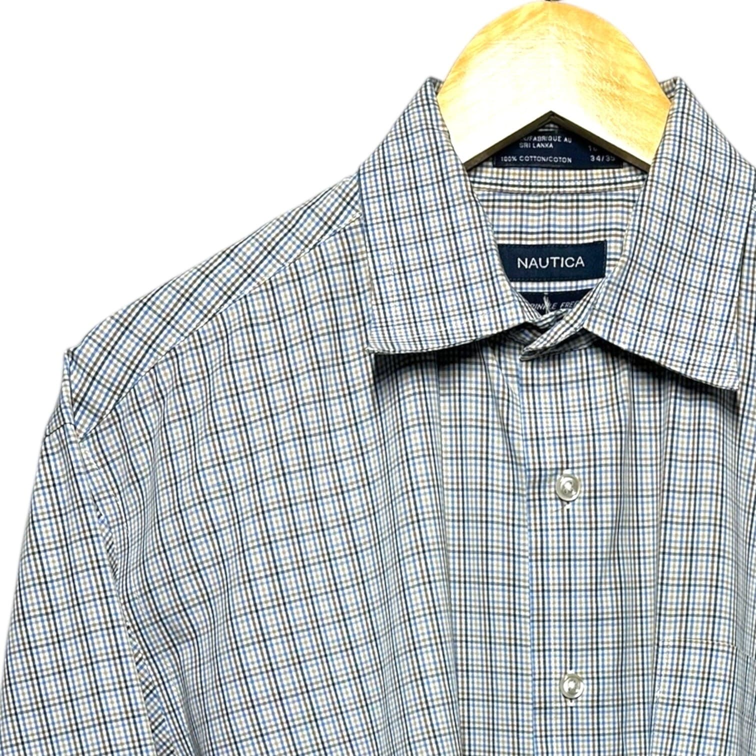 Nautica Button Down Shirt Men 16.5 34/35 Blue Plaid Wrinkle Free Cotton