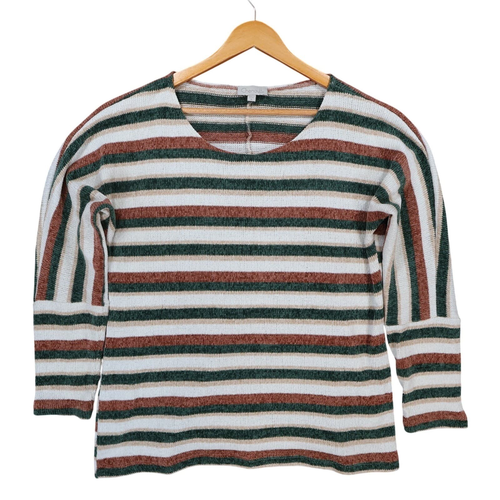 Chenault Sweater Womens M Green Brown Striped Polyester Relaxed Knit Top